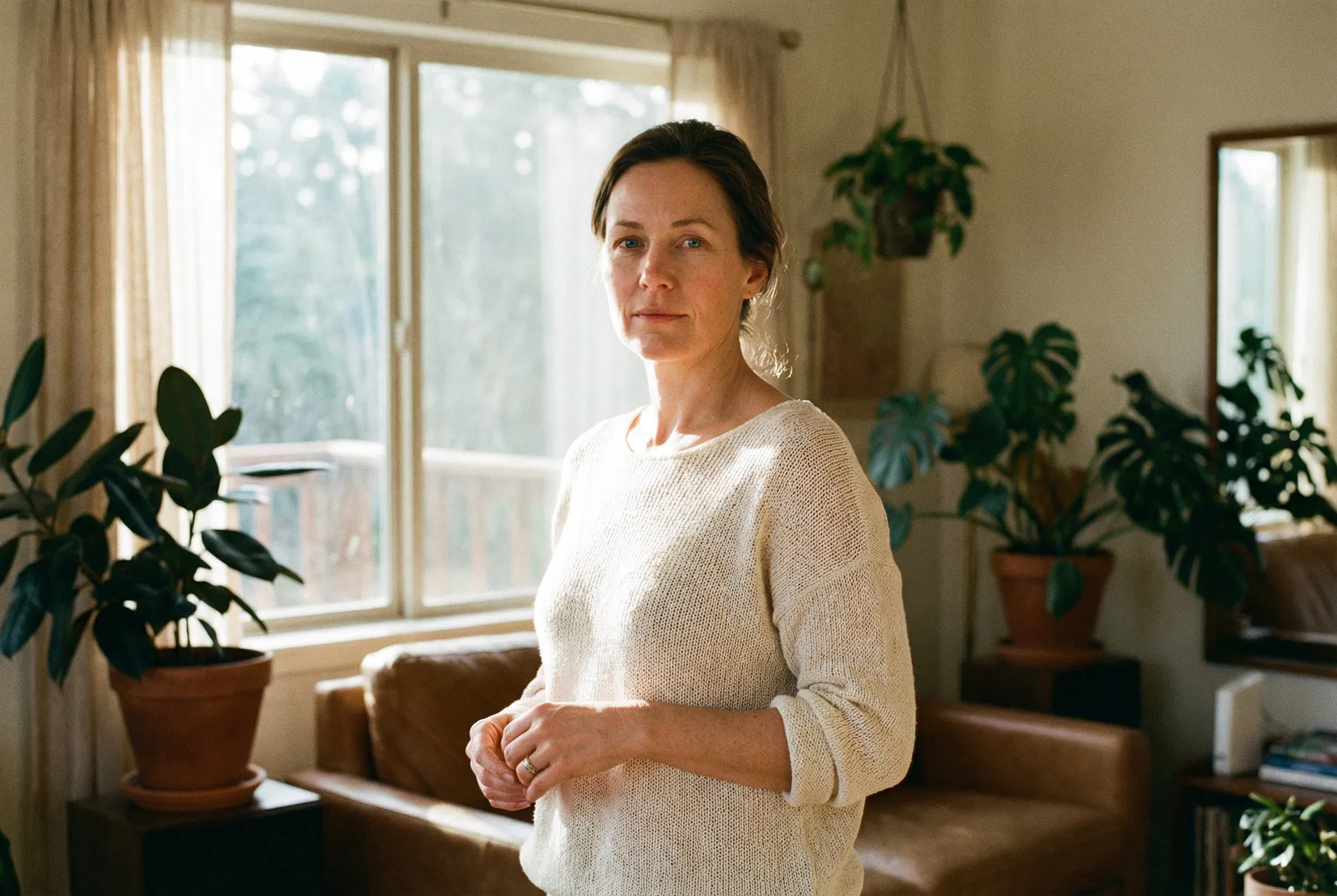 A woman standing in natural light, calm and fully present
