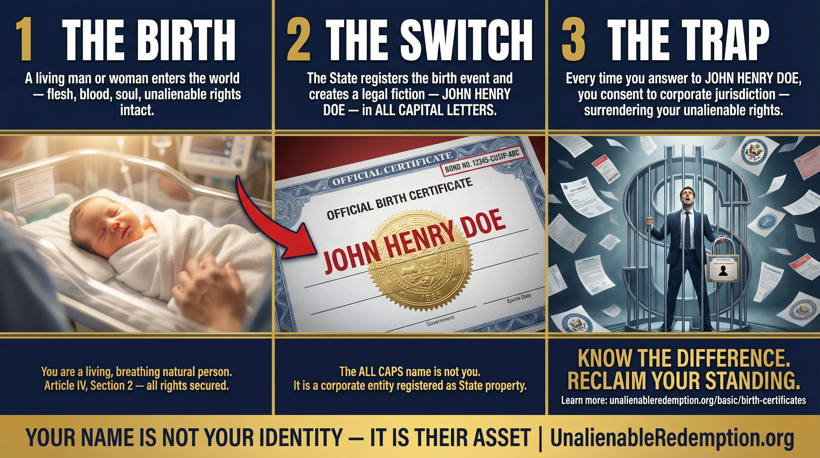 THE BIRTH → THE SWITCH → THE TRAP — ALL CAPS Name fraud three-panel meme