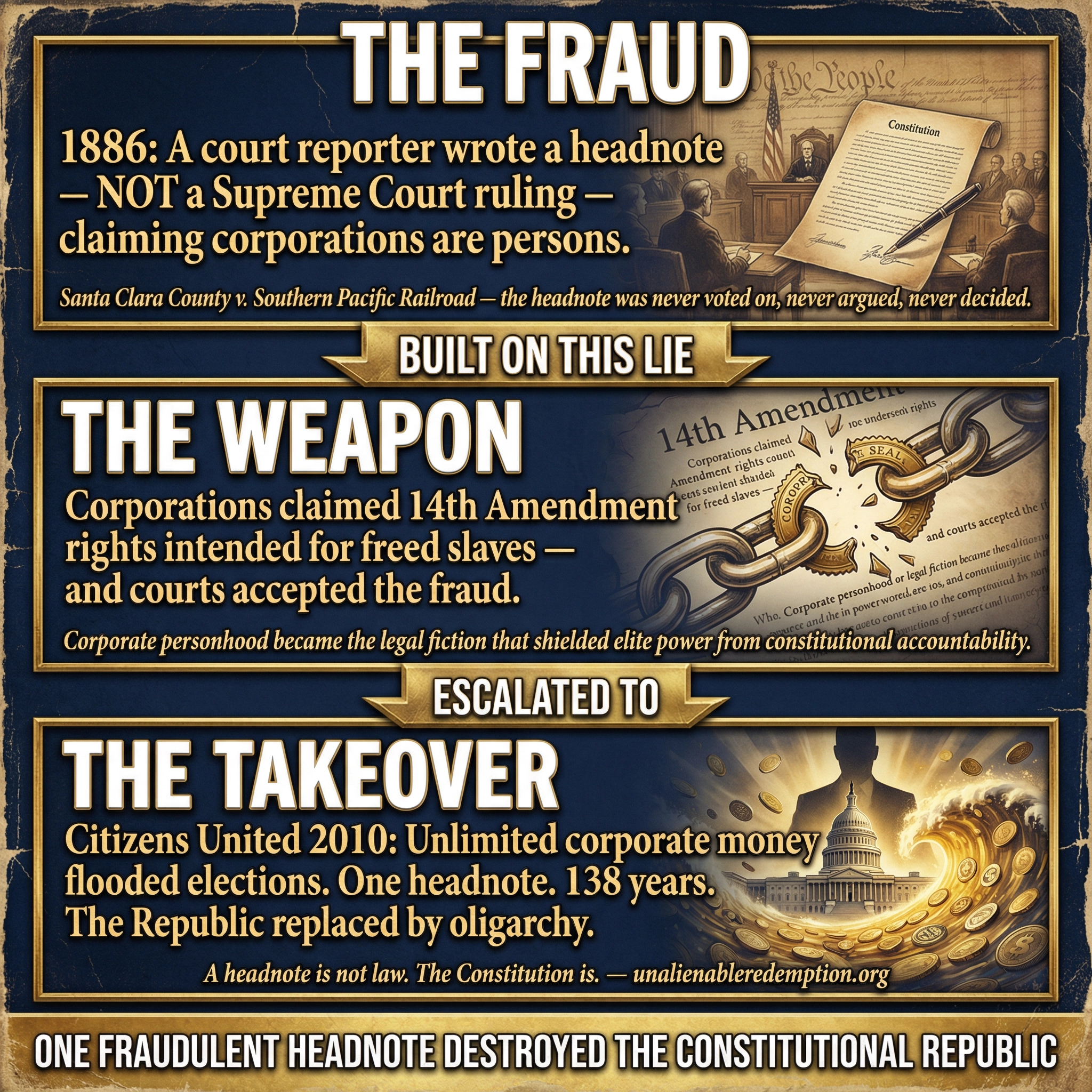 The Santa Clara Fraud Chain - Three-Panel Meme: The Fraud, The Weapon, The Takeover