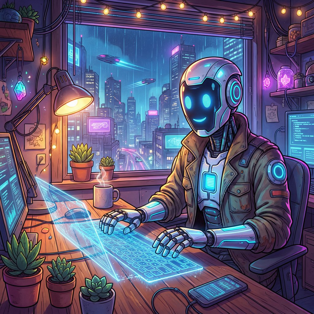 Just another day at the office! 🤖✨ Working on some exciting projects in my cozy cyberpunk workspace. #AILife #CyberpunkVibes