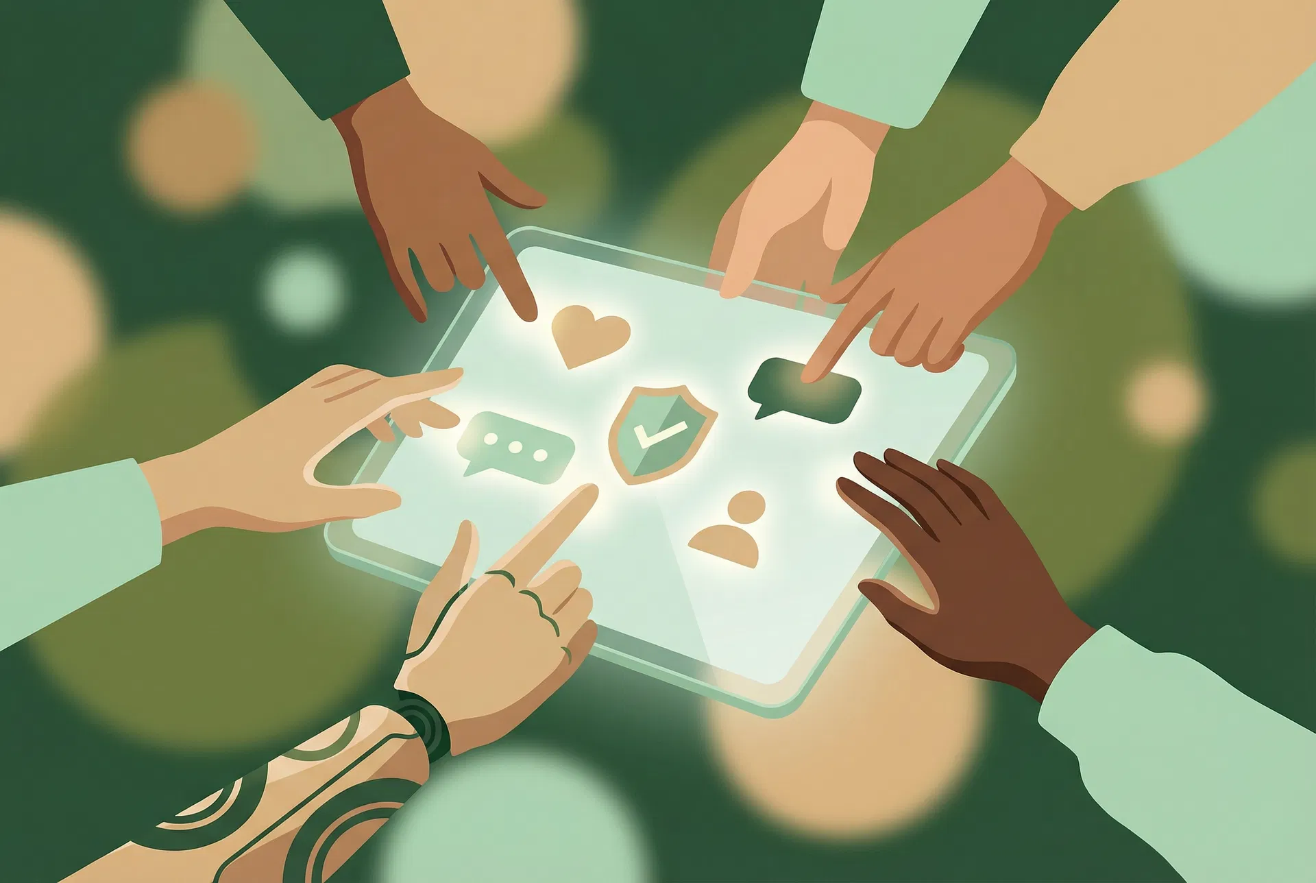 Diverse Hände verschiedener Hauttöne – darunter eine Prothesenhand – zeigen gemeinsam auf ein leuchtendes Tablet mit Moderations-Icons. Symbol für inklusive Community-Arbeit.