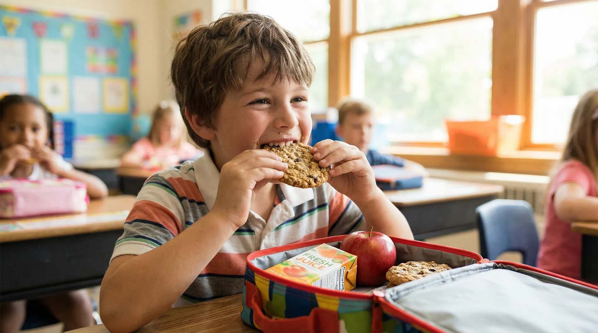 Criança comendo lanche da Manifesto Kids na escola