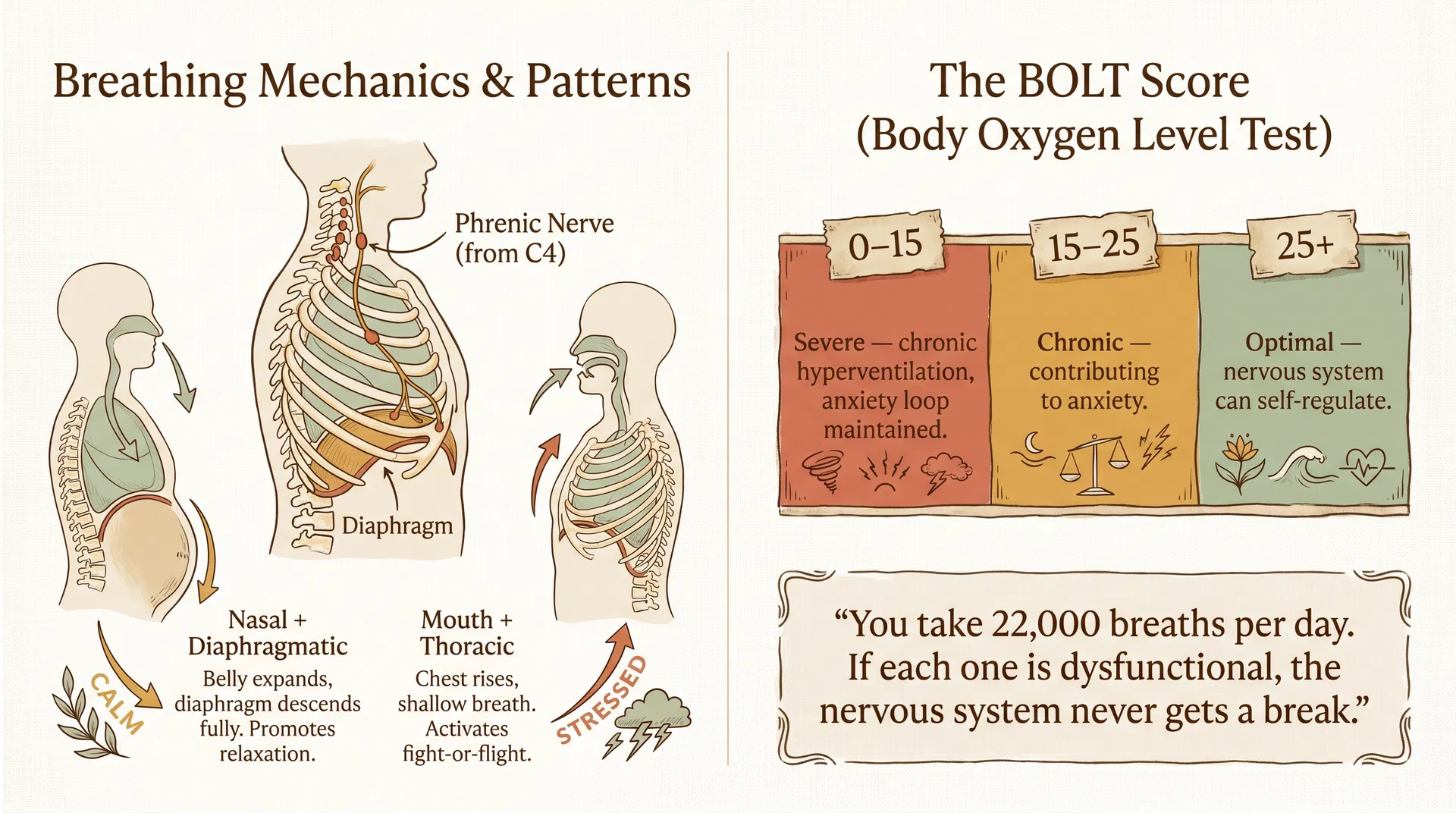 Hand-drawn infographic of breathing mechanics and the BOLT score: diaphragmatic vs thoracic breathing patterns, phrenic nerve anatomy, and BOLT score zones from severe hyperventilation to optimal
