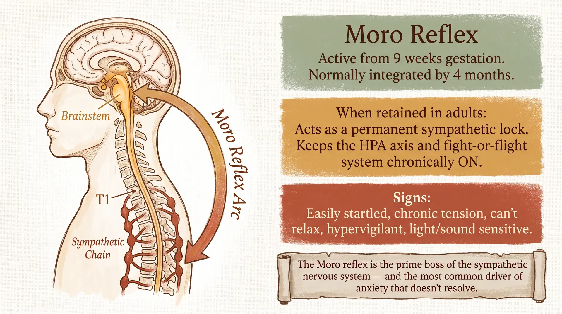 Hand-drawn anatomical infographic of the Moro reflex arc: brainstem to T1 sympathetic chain, showing how retained Moro reflex creates a permanent sympathetic lock in adults