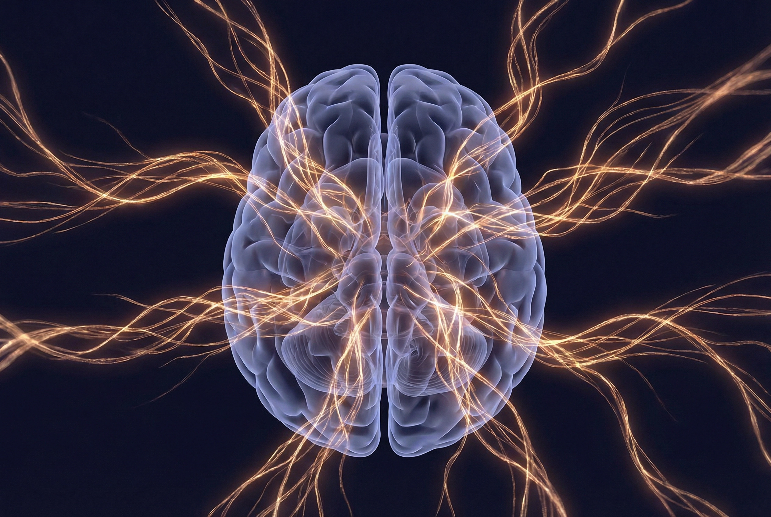 Artistic illustration of a sensitised brain with amplified neural pathways glowing in amber and gold
