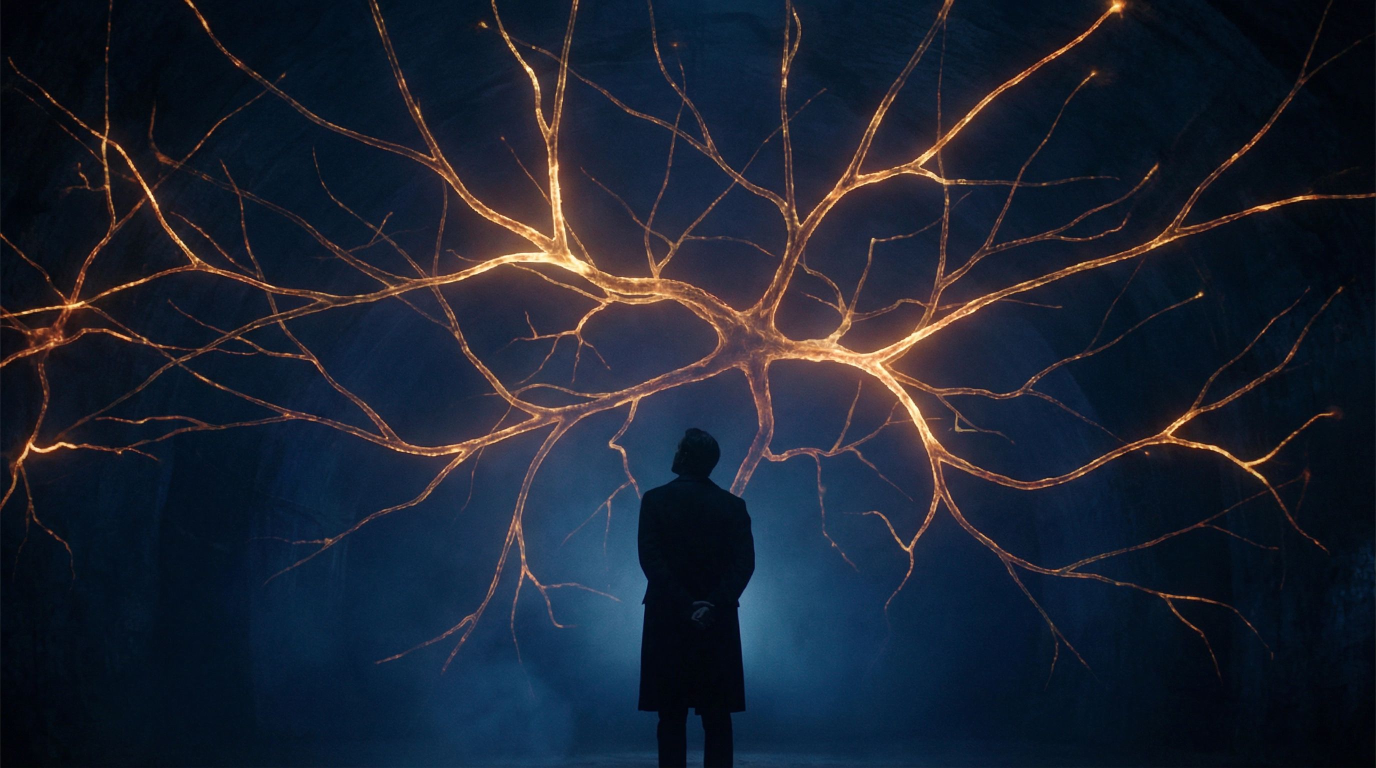 A lone figure standing before a vast glowing neural network — representing the nervous system in chronic pain
