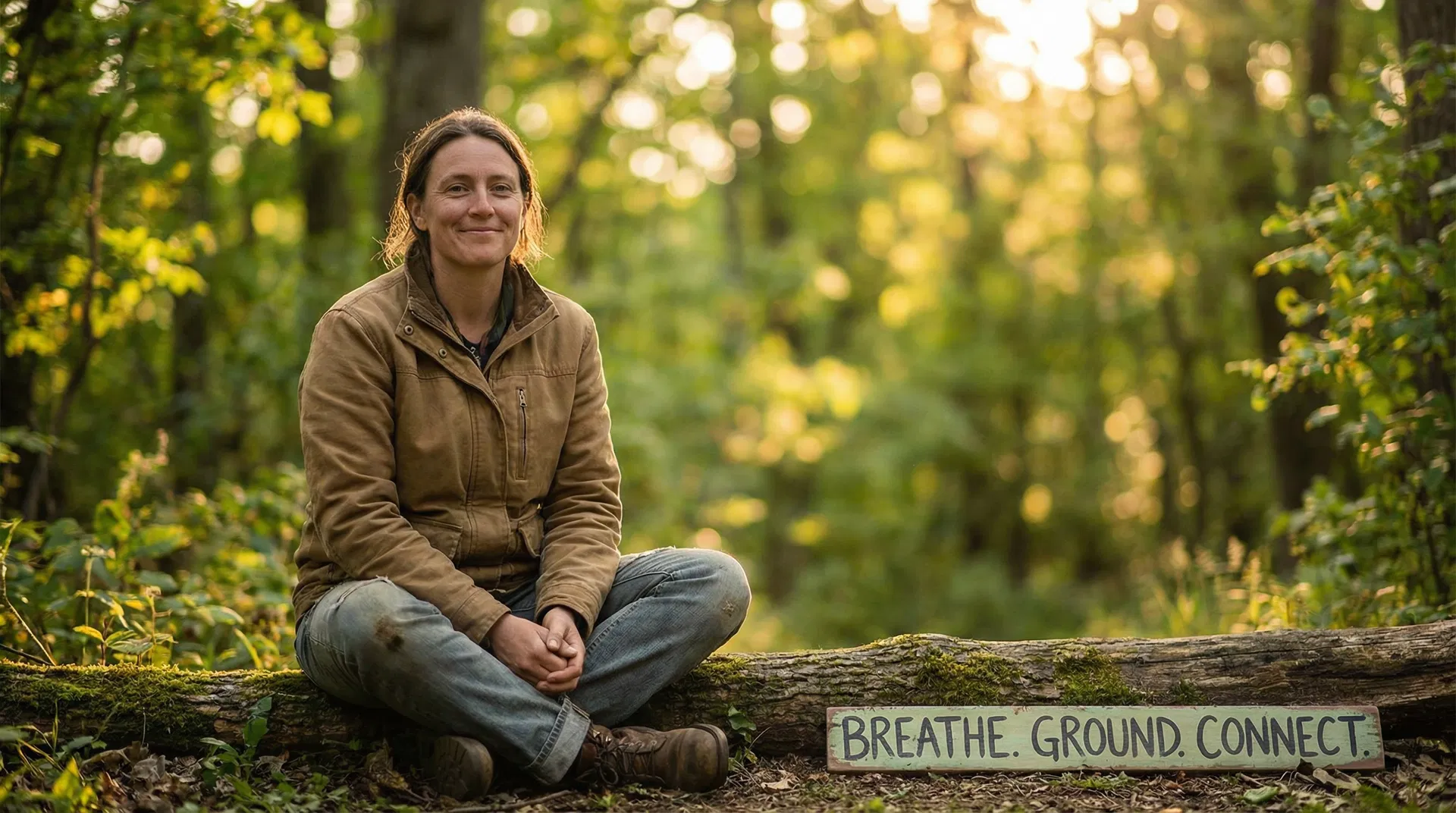 Person sitting outdoors in soft sunlight, calm and grounded