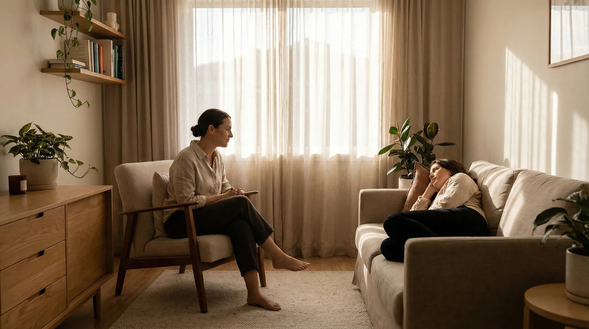 A calm clinical space — a practitioner attentively present with a client in natural light