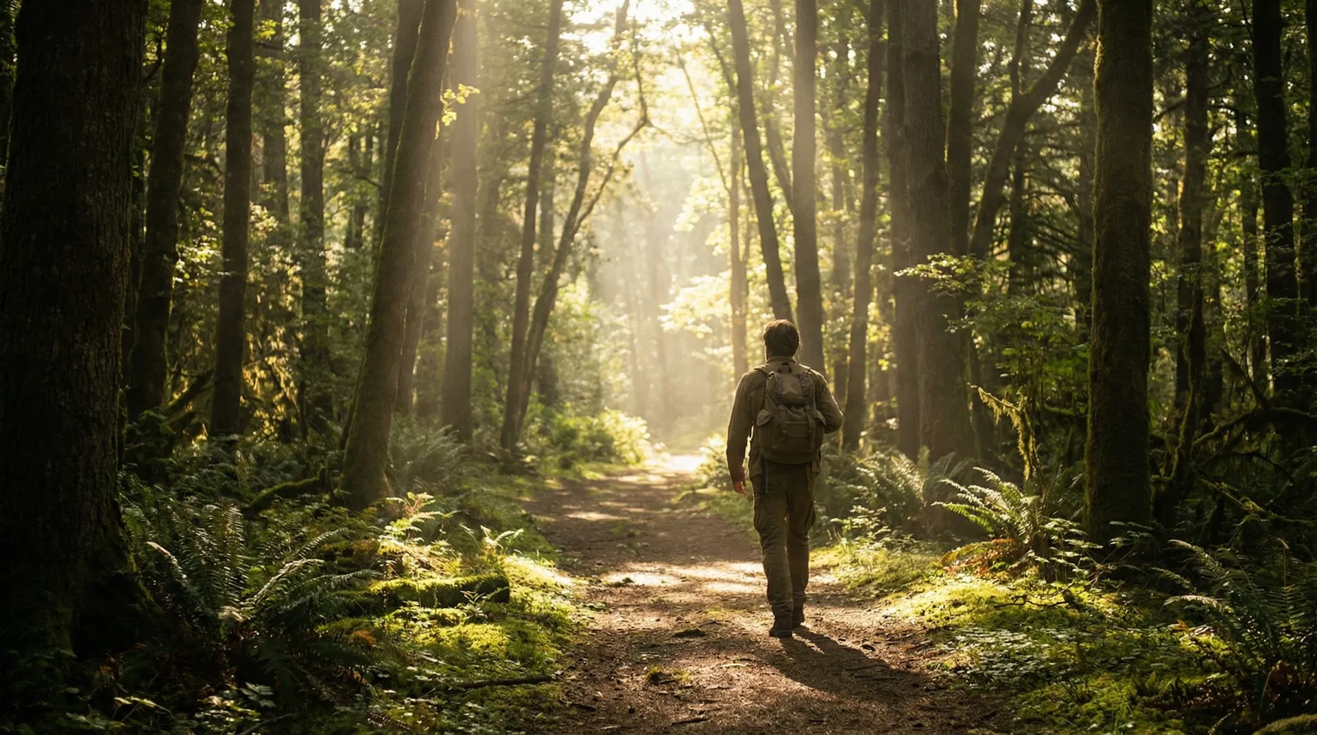 A person walking through a forest path — light filtering through trees, a sense of emerging clarity