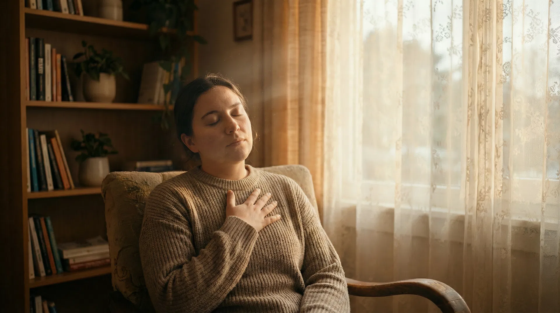 A person sitting quietly in soft light, hand resting on chest, eyes closed