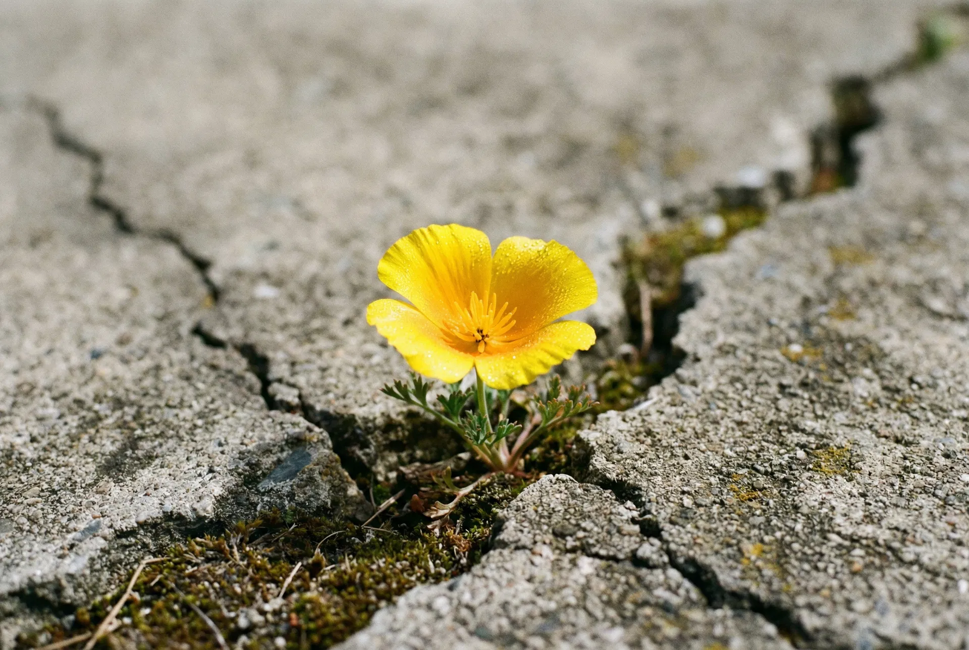 A vibrant yellow flower blooming through a crack in dry grey concrete