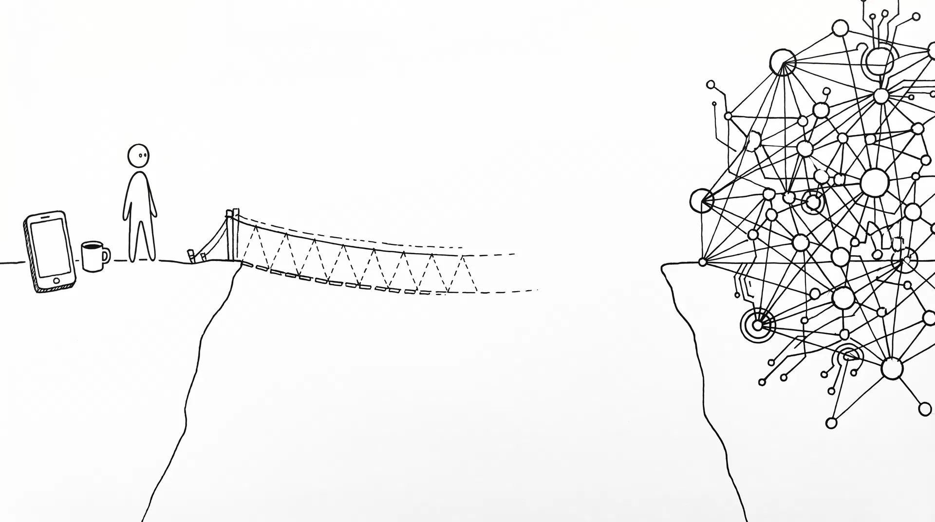 Schwarz-Weiß-Illustration für Mind/Machine Folge 110: Mensch mit Smartphone auf einer Klippe, unfertige Hängebrücke über einen Abgrund, auf der anderen Seite ein komplexes KI-Netzwerk. Symbol für den Gap zwischen Möglichkeit und Realität.