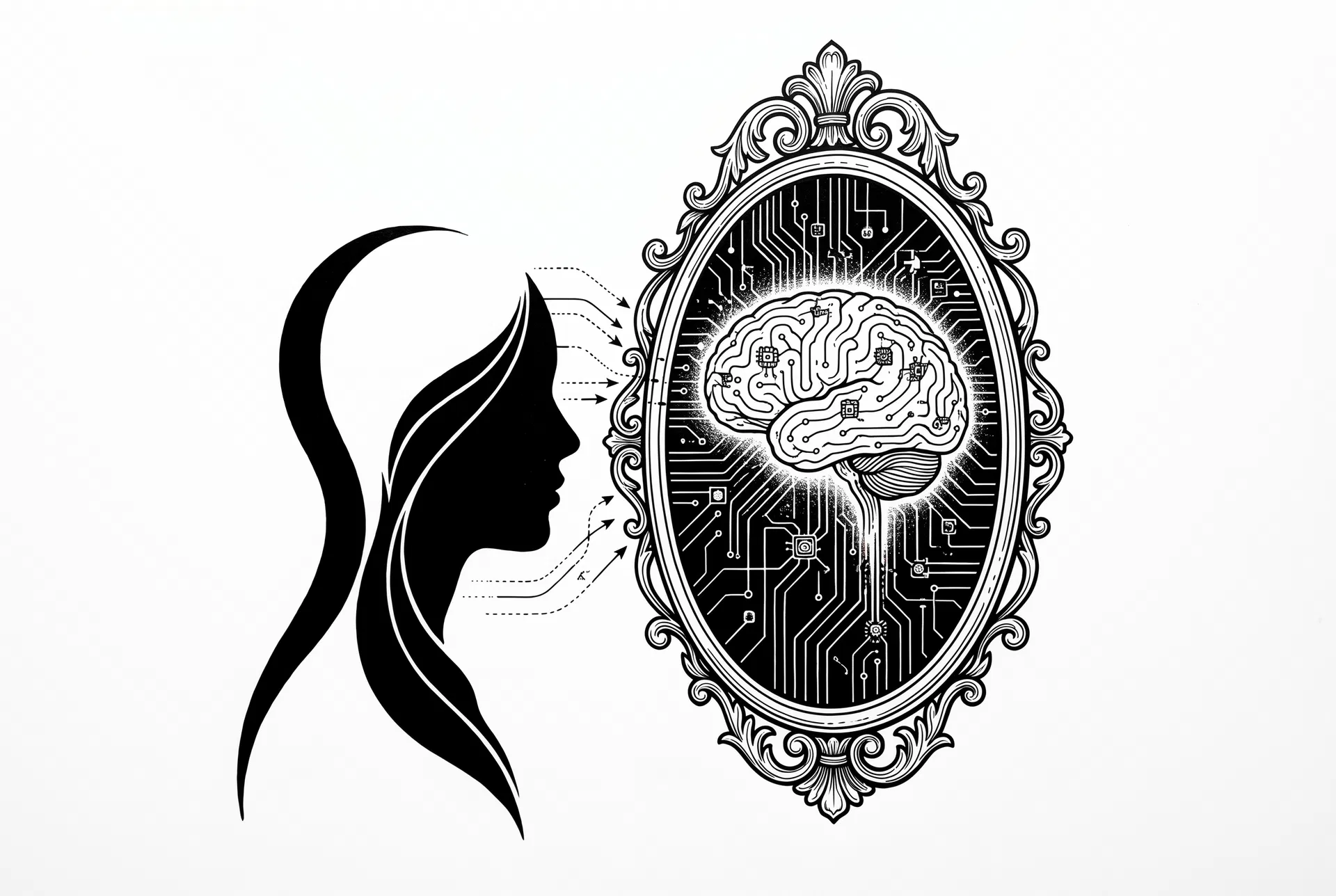 Mind Machine Podcast Folge 111: Menschliche Silhouette blickt in einen Spiegel, der statt des Gesichts ein KI-Gehirn mit Schaltkreisen zeigt – Selbsterkenntnis durch Künstliche Intelligenz