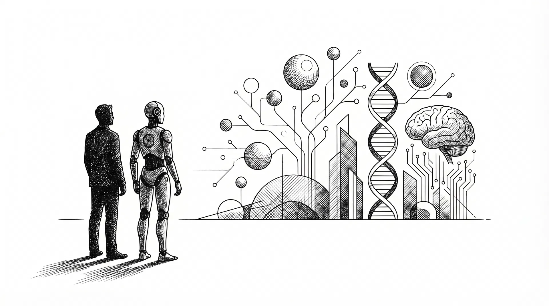 Mind Machine Podcast Folge 109: Illustration Mensch und Roboter blicken gemeinsam in eine KI-geprägte Zukunft 2050 mit Metaverse, DNA-Helix und neuronalen Netzwerken