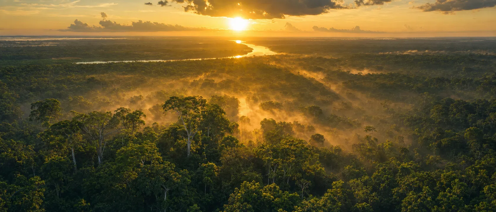 Amazon rainforest at dawn, golden sunlight over the canopy