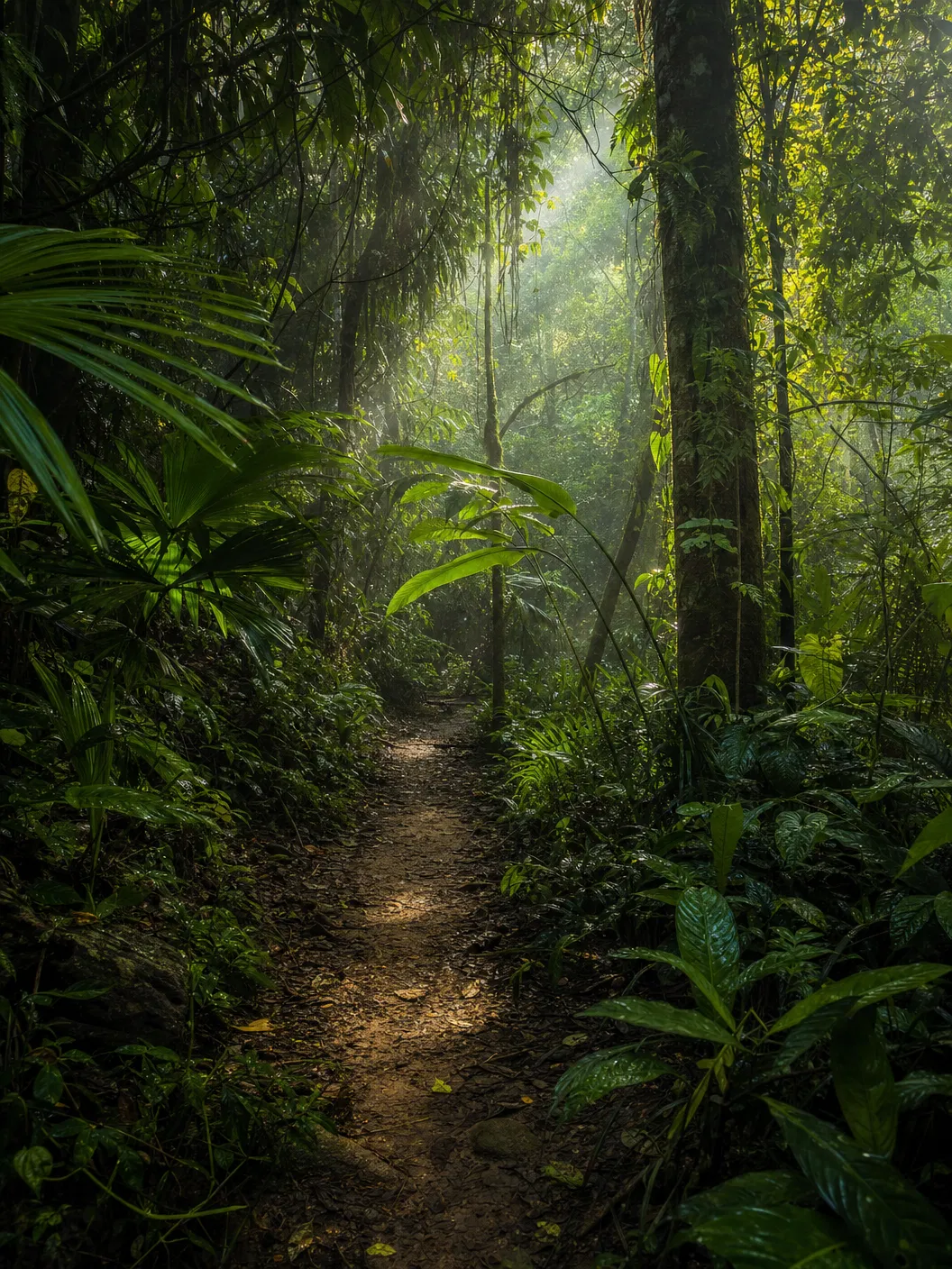 A narrow path winding through dense Amazon jungle
