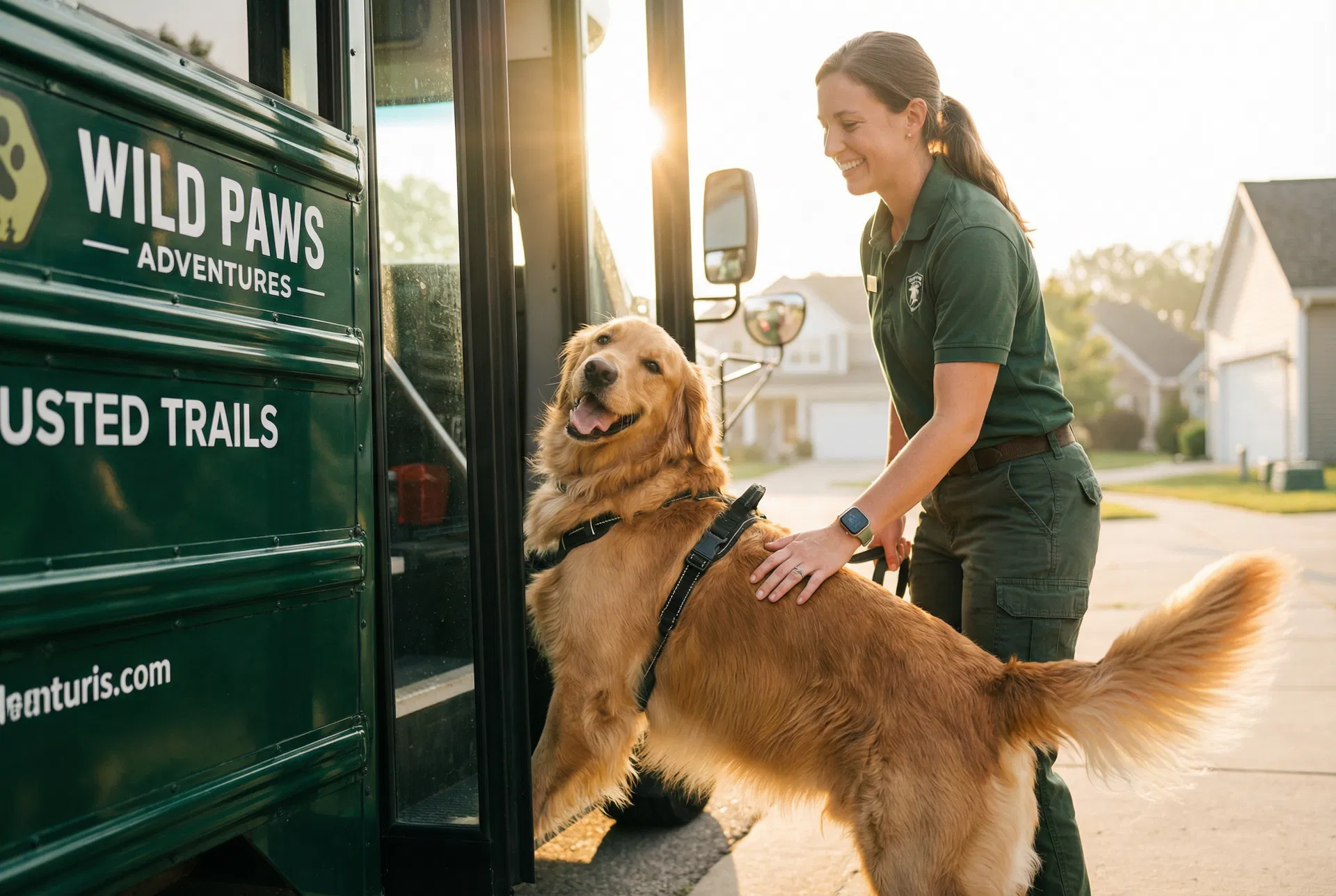 Dog boarding the adventure bus