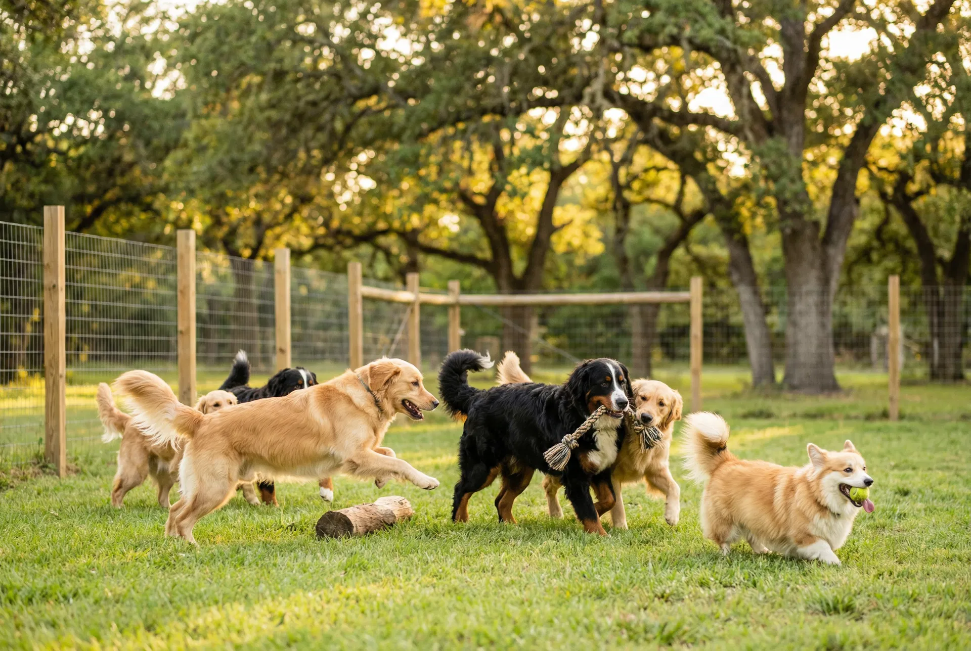 Dogs playing in a fenced yard