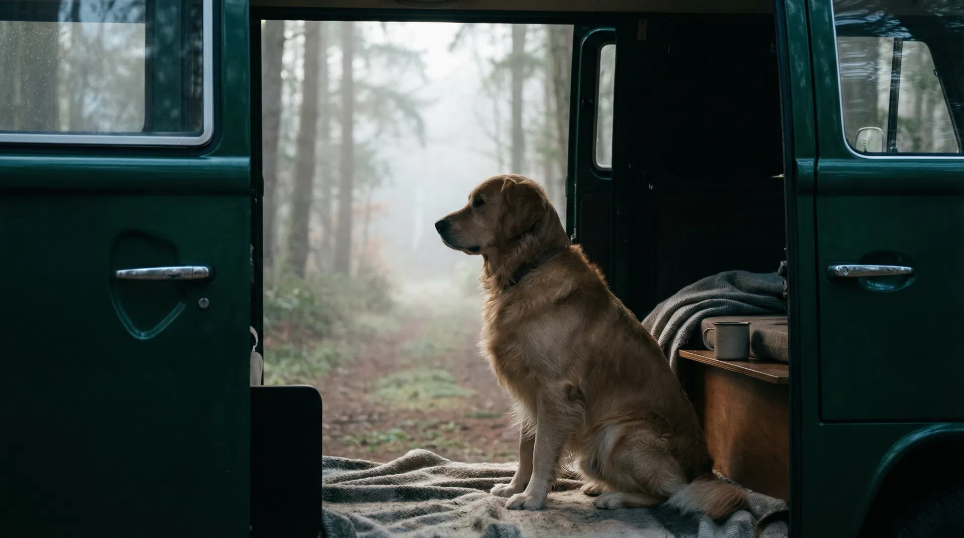 Dog sitting in the open door of the adventure bus