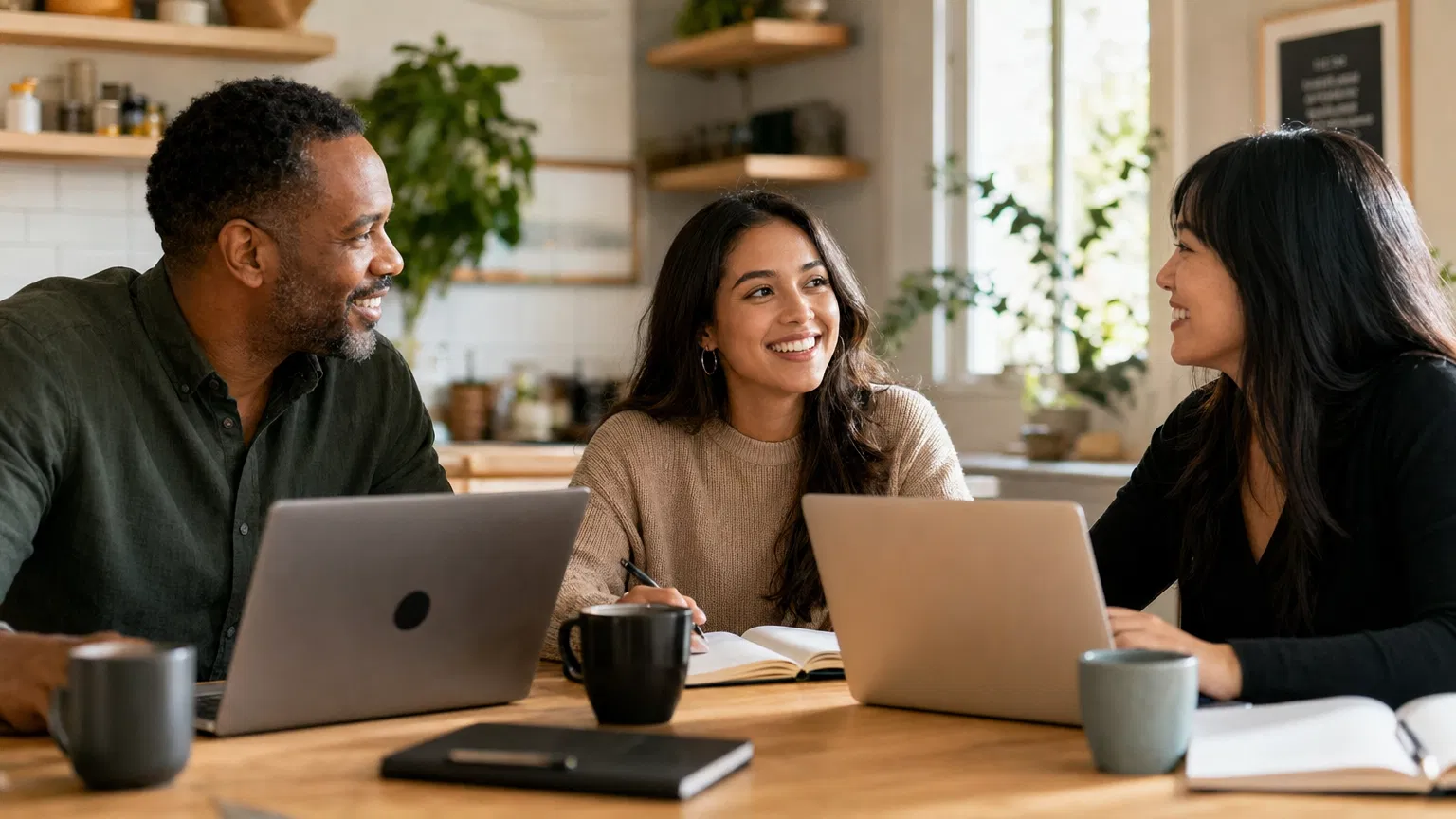 People learning together around a table with laptops