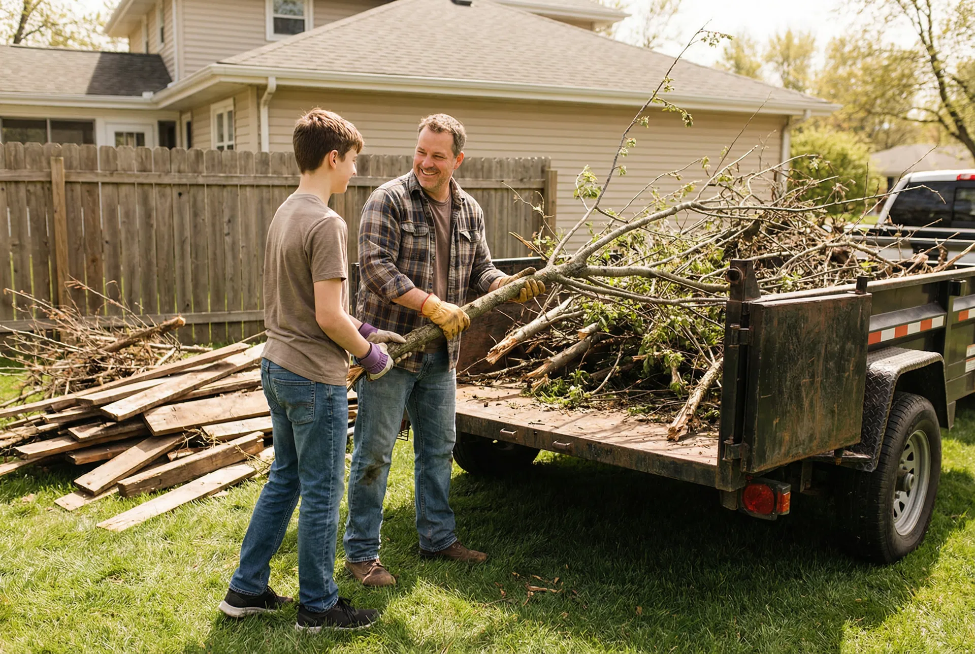 Father and son loading a dump trailer together on a weekend project