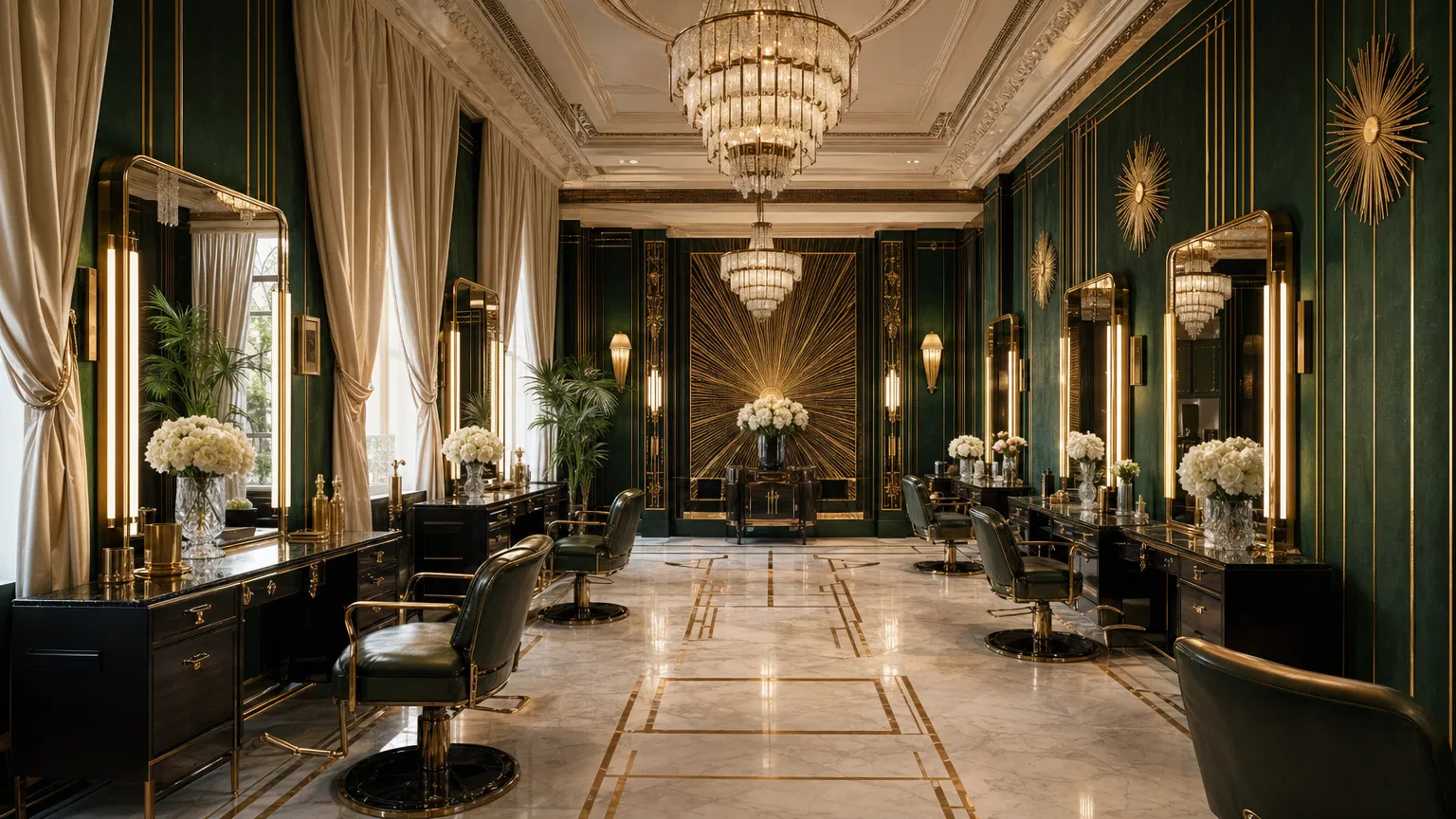 Interior Art Déco do Studio Living, com paredes esmeralda e detalhes dourados