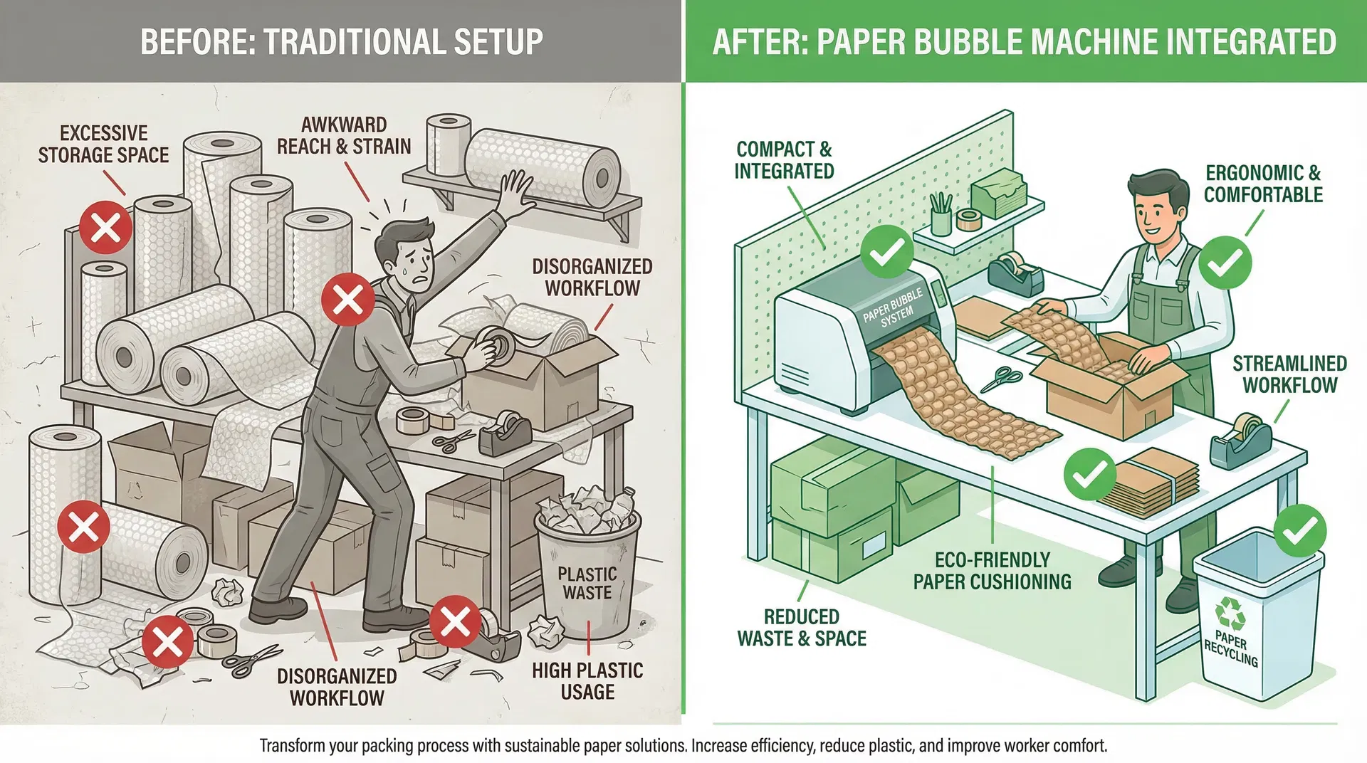 Before and after comparison of packing station workflow: cluttered traditional setup versus streamlined paper bubble machine integrated station
