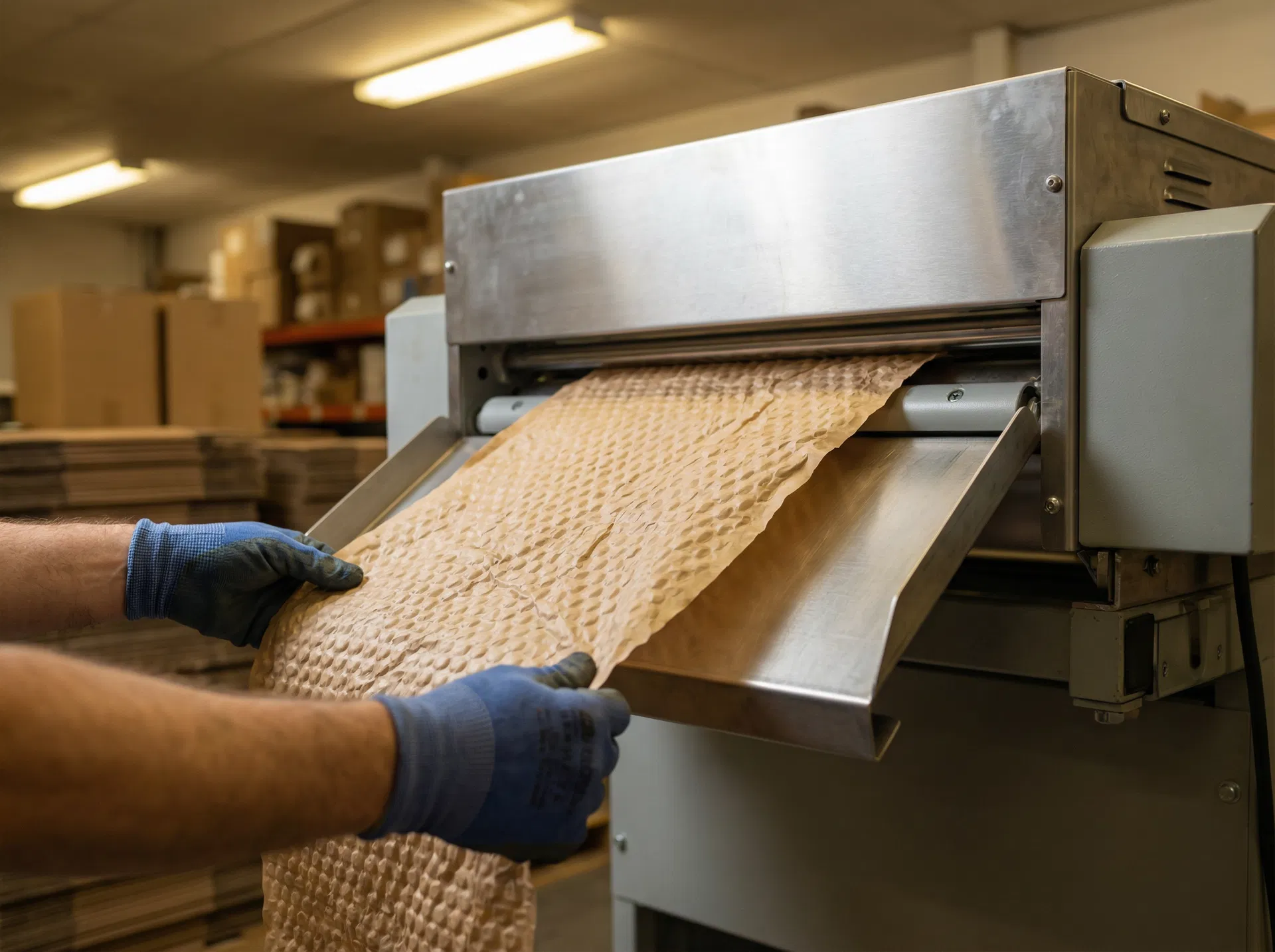 Paper bubble machine output — hands operating machine with fresh kraft paper bubble cushioning material flowing out