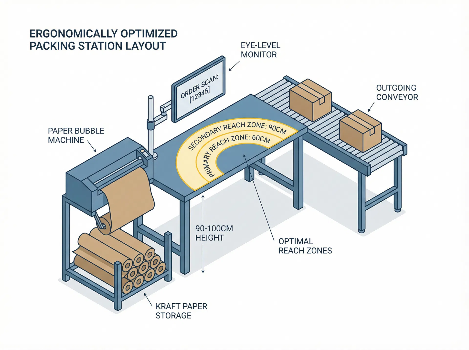 Ergonomically optimized packing station layout showing paper bubble machine placement, reach zones, and conveyor position