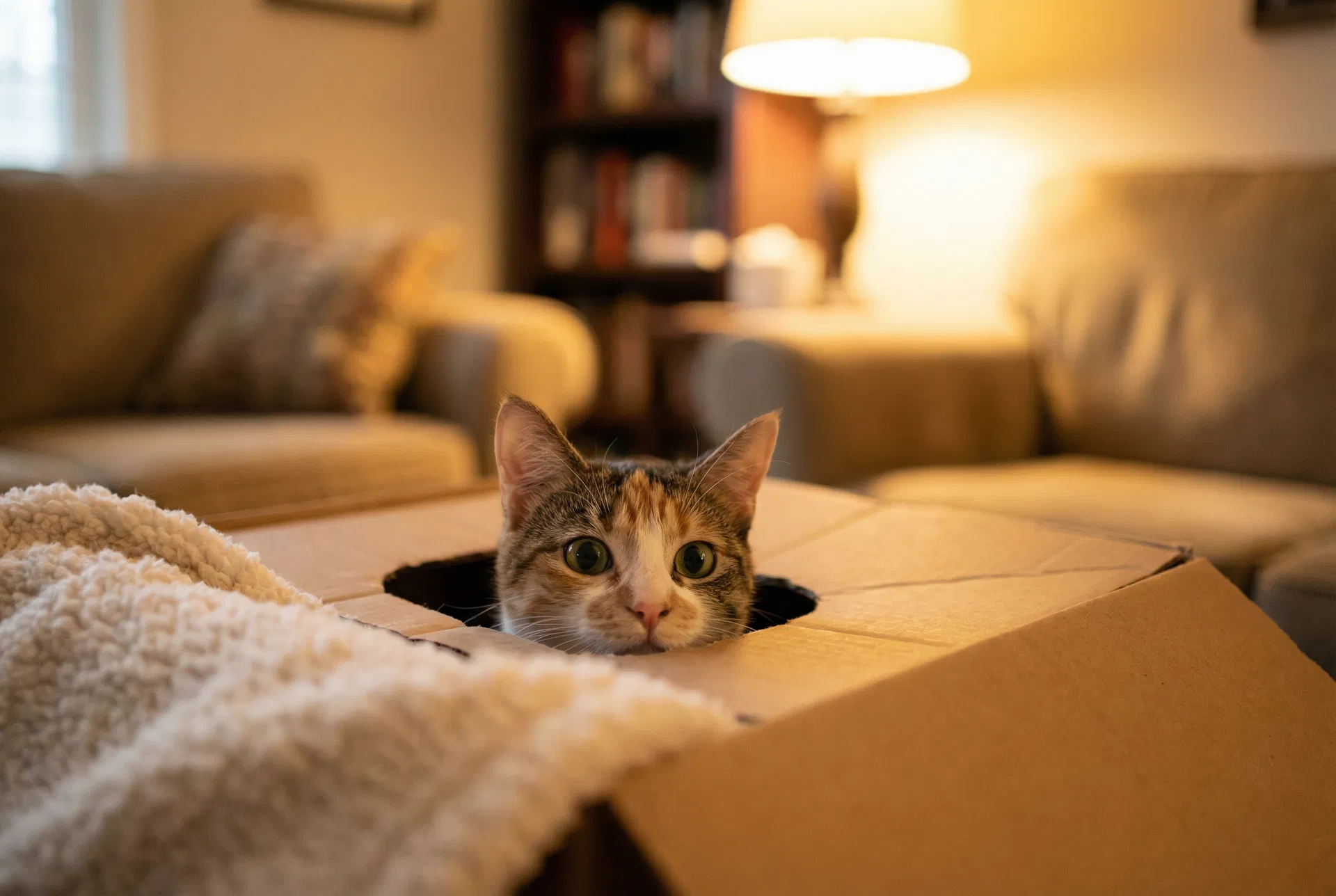 A calico cat cautiously peeking out from a cardboard box — building trust in a new home