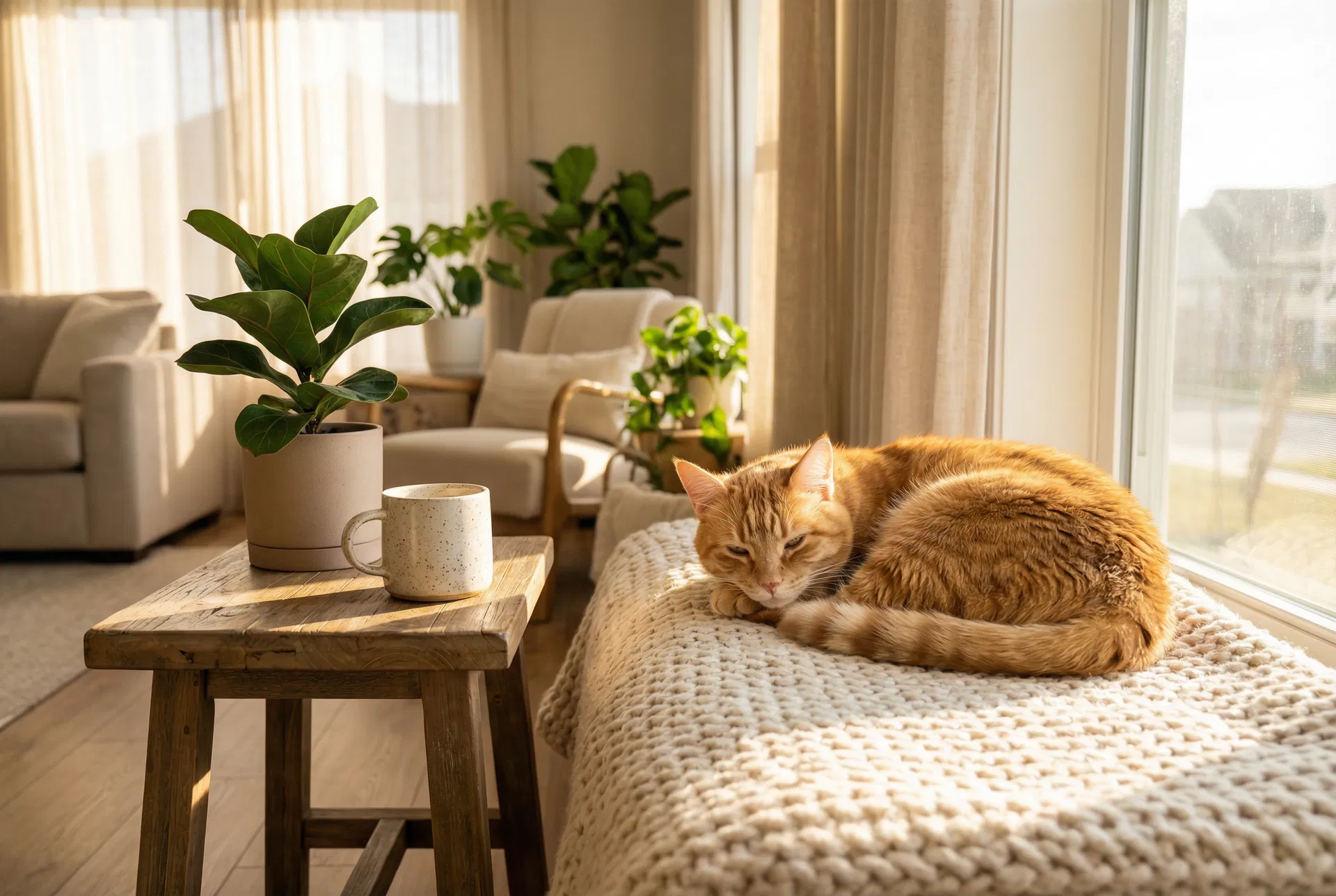 A ginger cat lounging peacefully on a soft blanket near a sunlit window — a calm, welcoming home environment