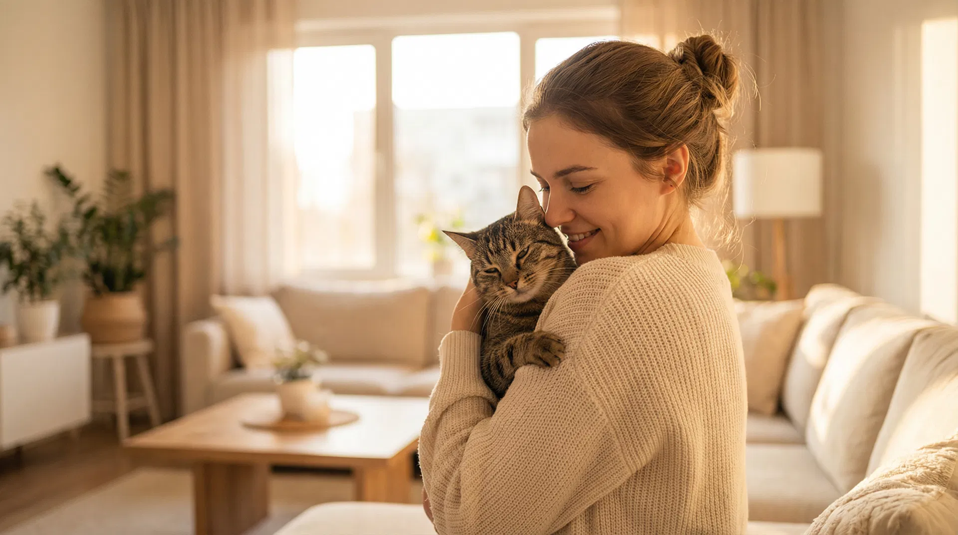 A woman gently holding a contented tabby cat in a warm, sunlit living room — the joy of cat adoption