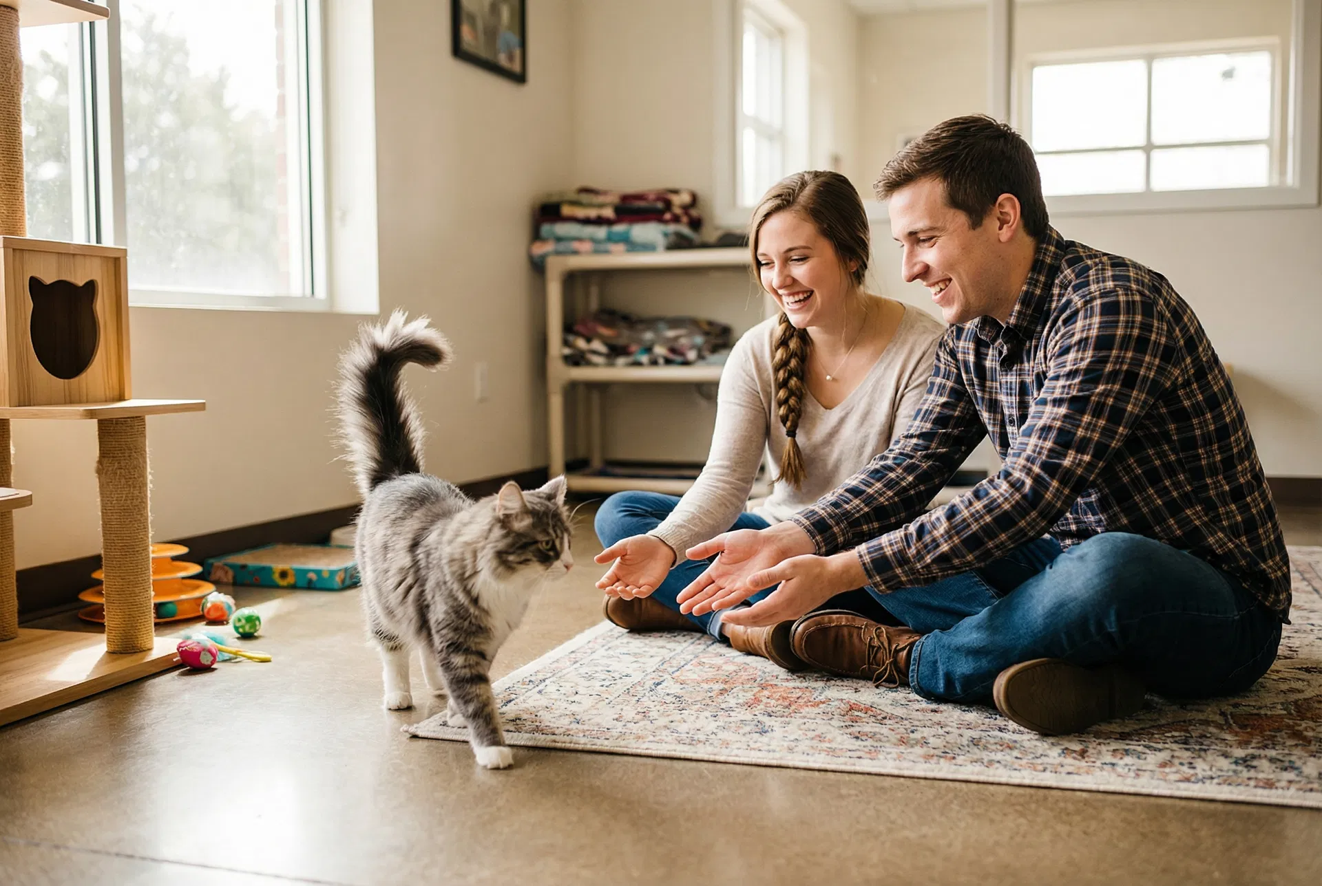A young couple meeting a curious grey cat in a bright shelter meet-and-greet room — the moment of connection