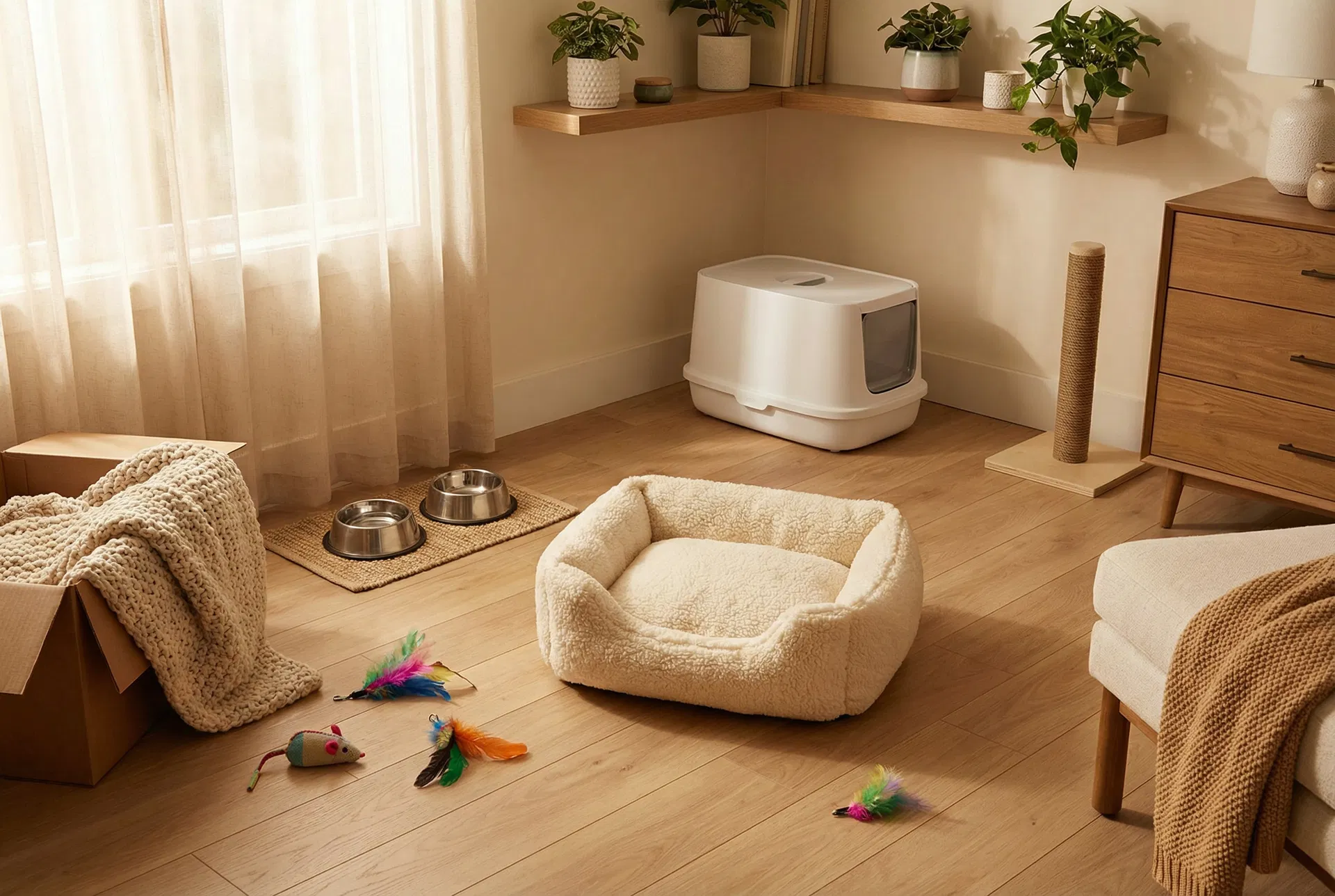 A beautifully arranged safe room for a newly adopted cat with a cozy bed, litter box, food bowls, toys, and hiding spots
