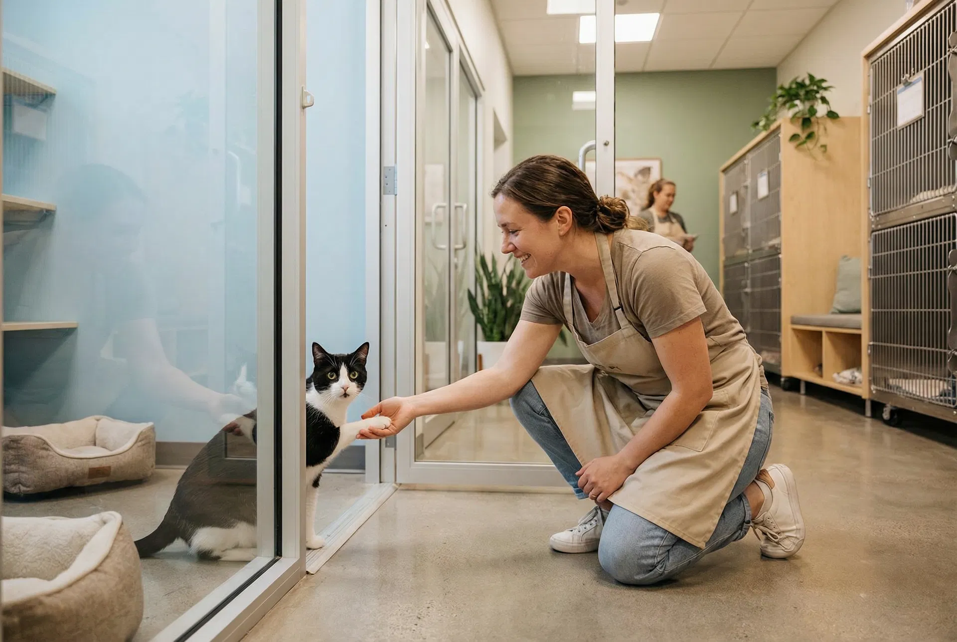A friendly shelter volunteer interacting with a curious tuxedo cat in a clean, well-lit animal shelter