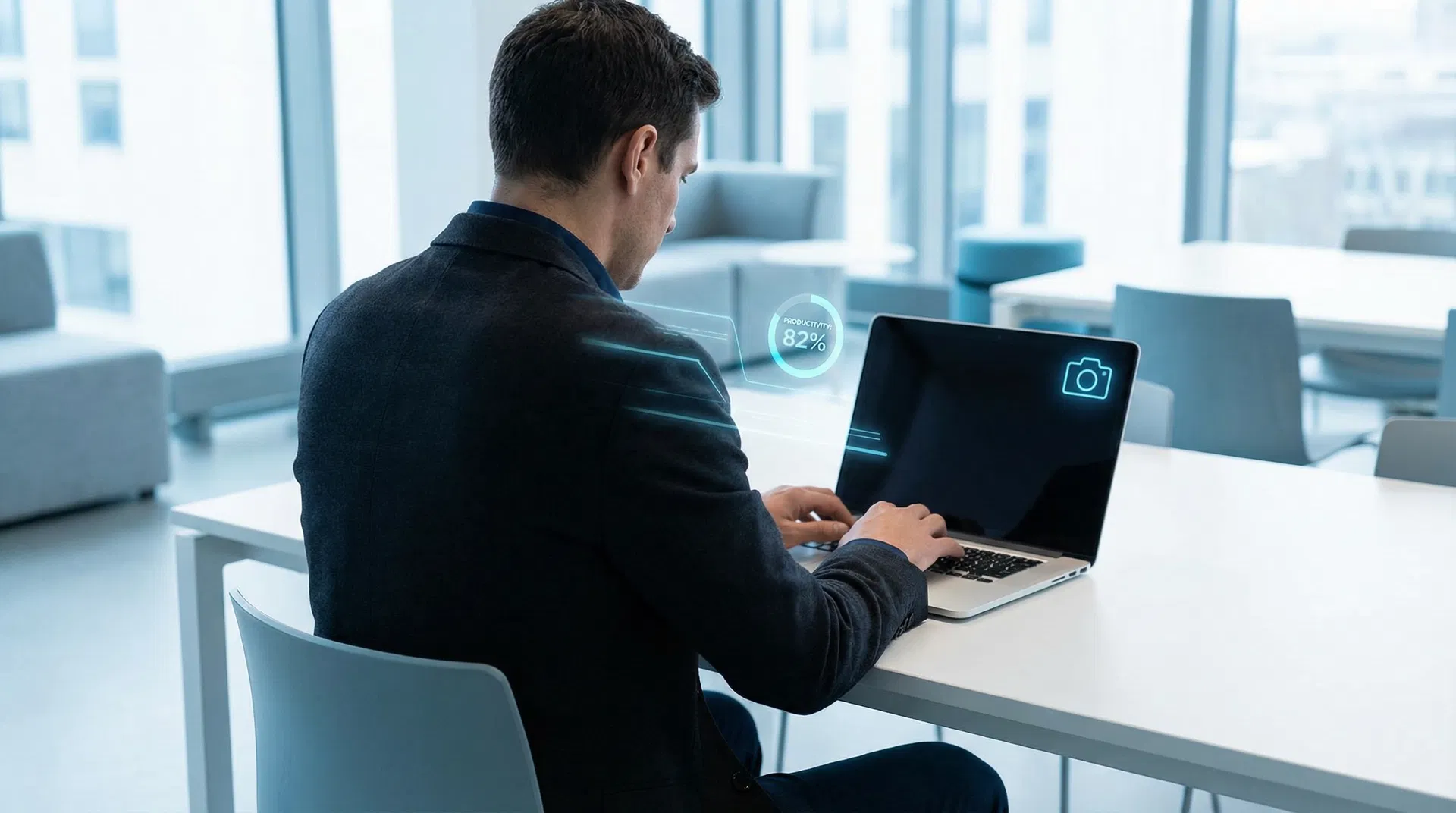 Employee working at laptop with digital monitoring overlay showing productivity metrics