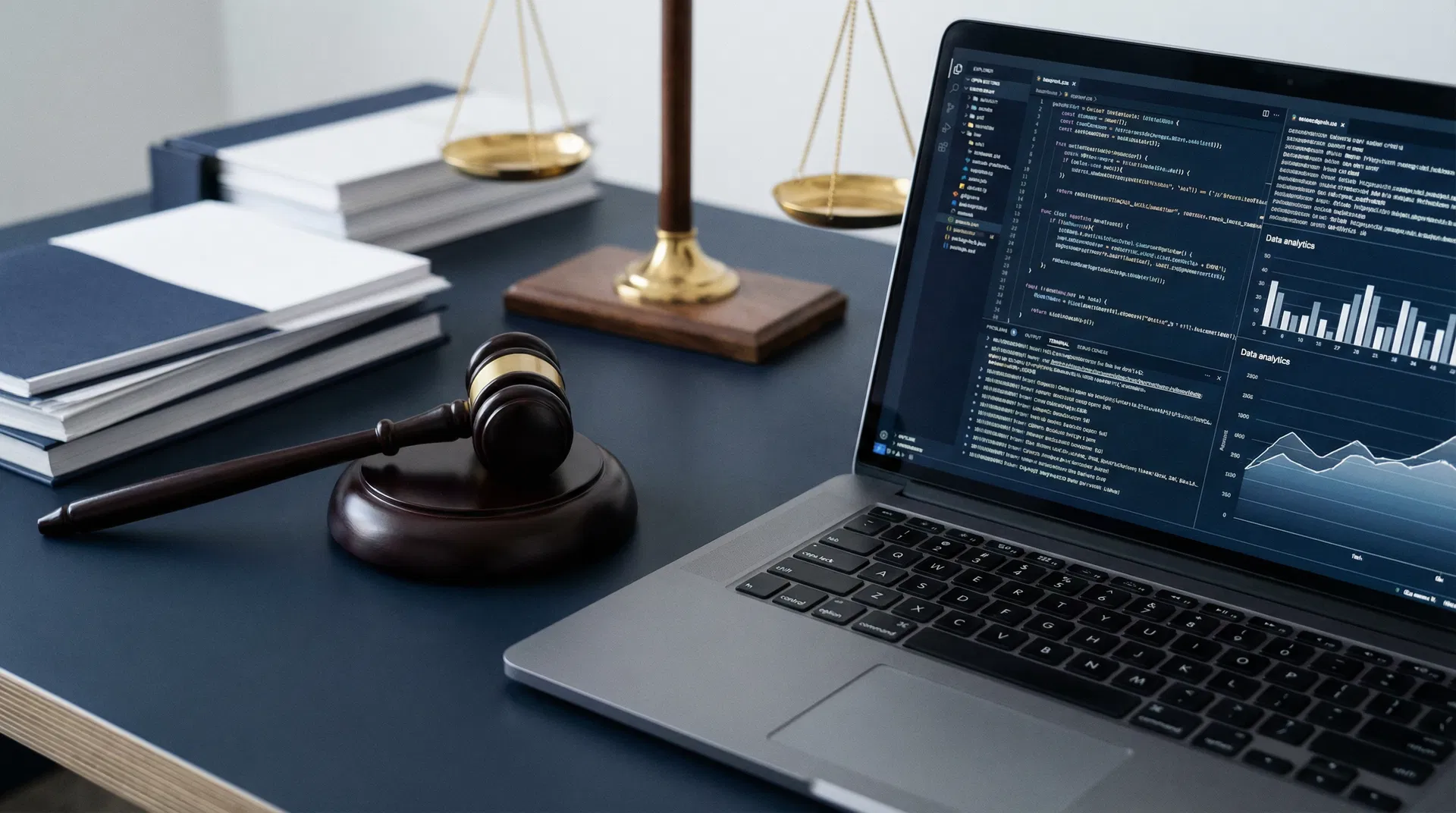 Gavel next to laptop displaying data analytics — intersection of law and technology