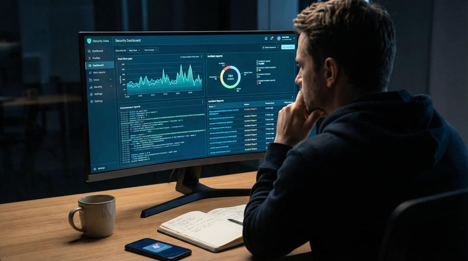 A person sitting at a desk analyzing a security dashboard on a large monitor, with network traffic graphs and process lists visible on screen
