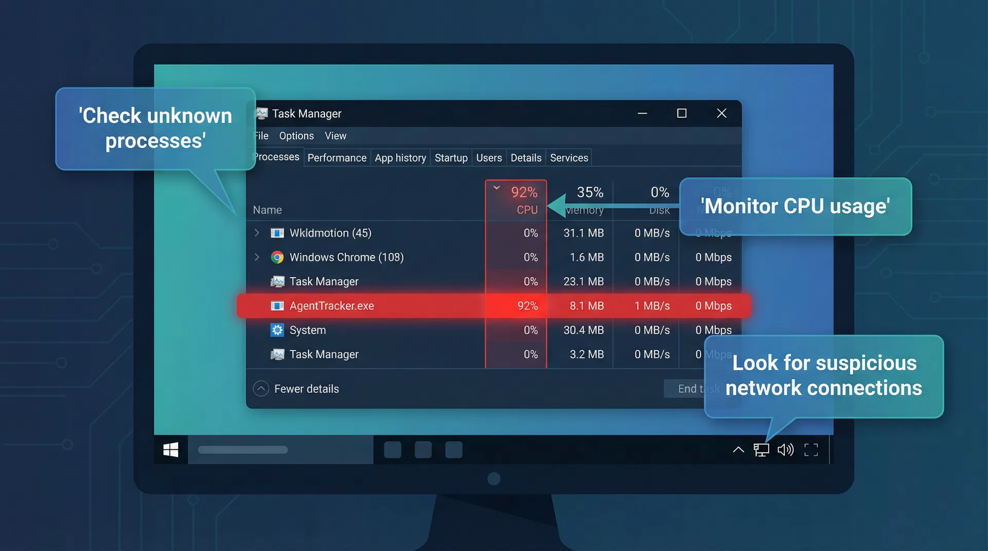 Infographic showing Windows Task Manager with a suspicious AgentTracker.exe process highlighted in red, with annotation bubbles pointing to key detection areas