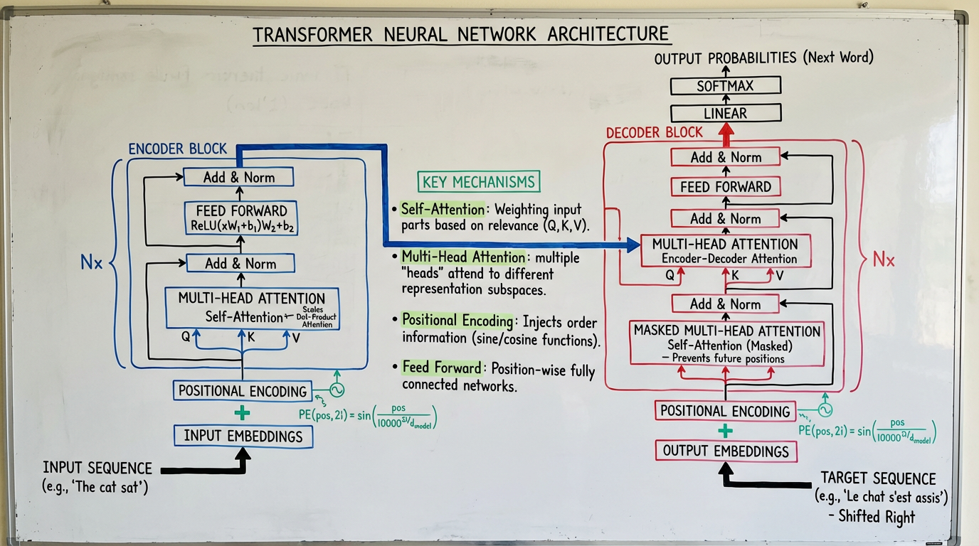 Transformer Neural Network Architecture - Educational Whiteboard Diagram