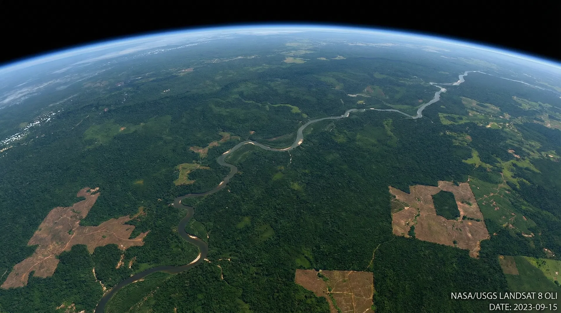 Imagem de satélite da Terra mostrando floresta e rio