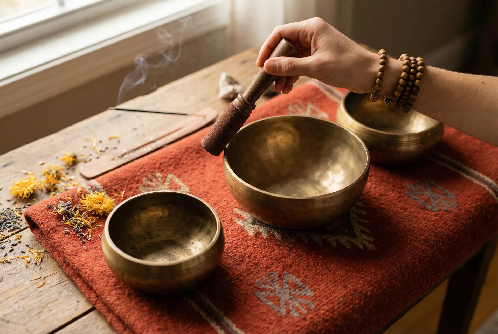 Tibetan singing bowls on a woven textile