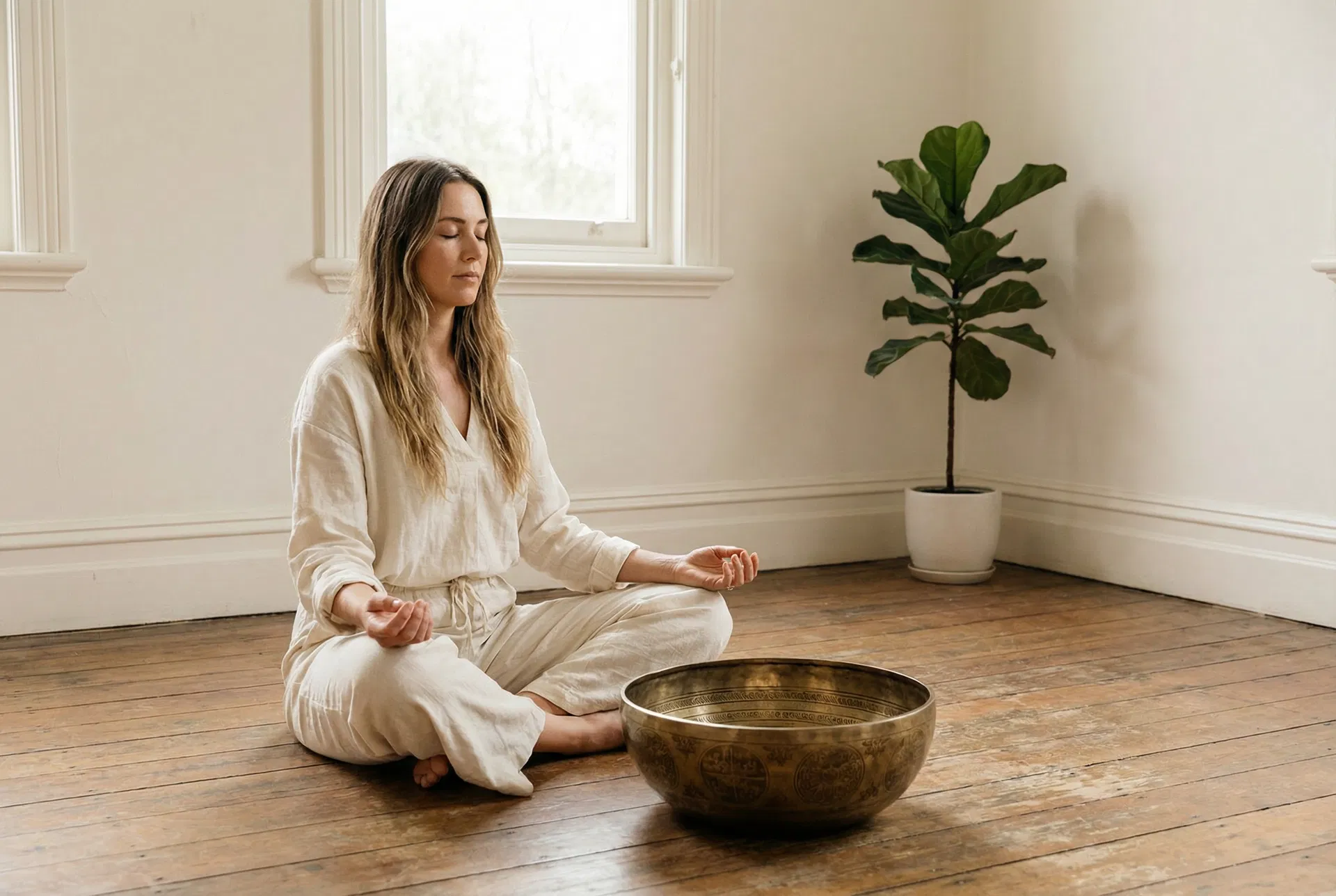Woman meditating with singing bowl