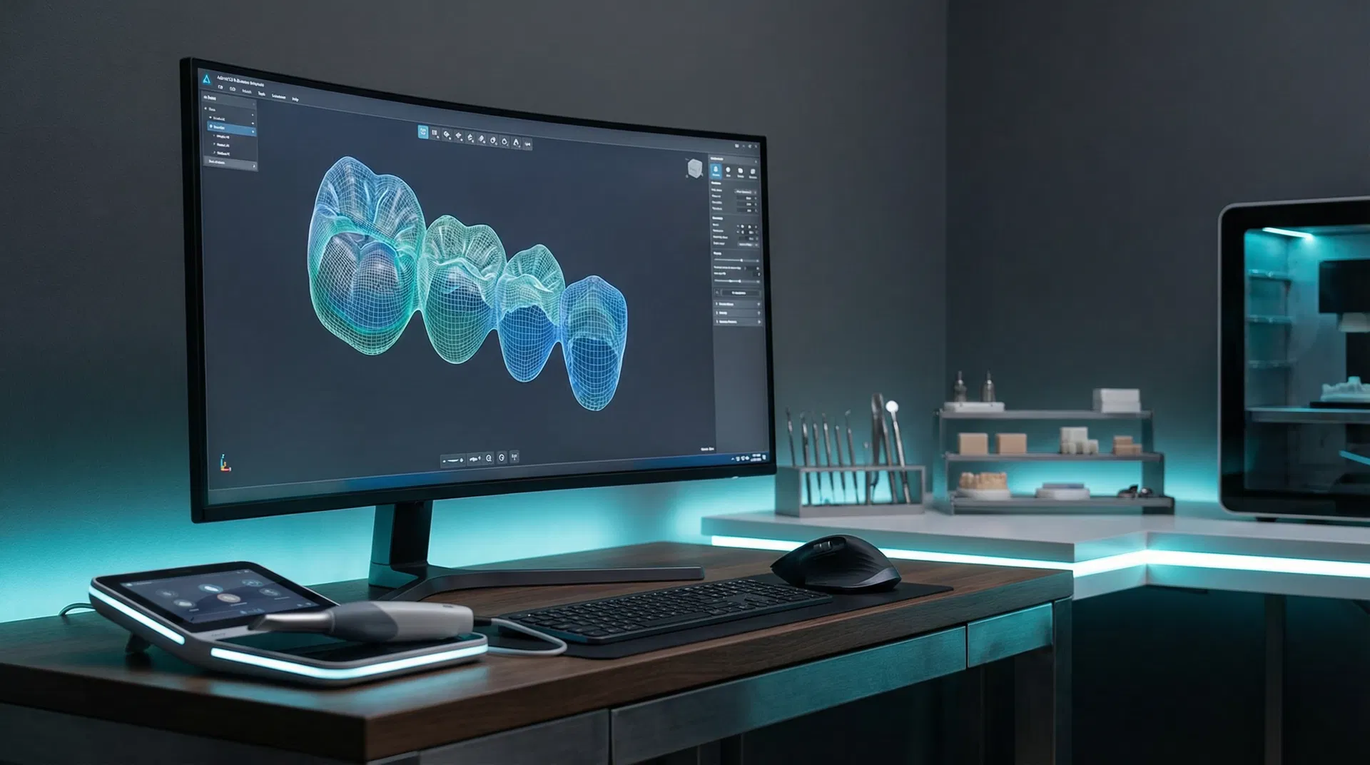 Dental CAD design workspace showing 3D crown models
