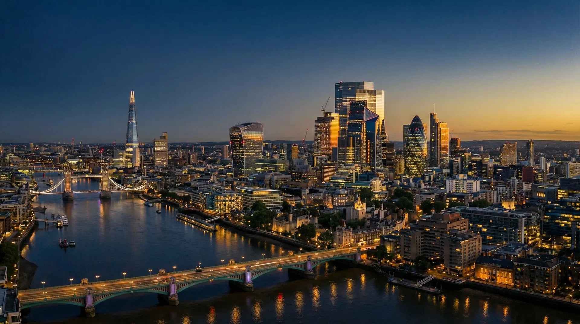 Global financial district skyline at dusk