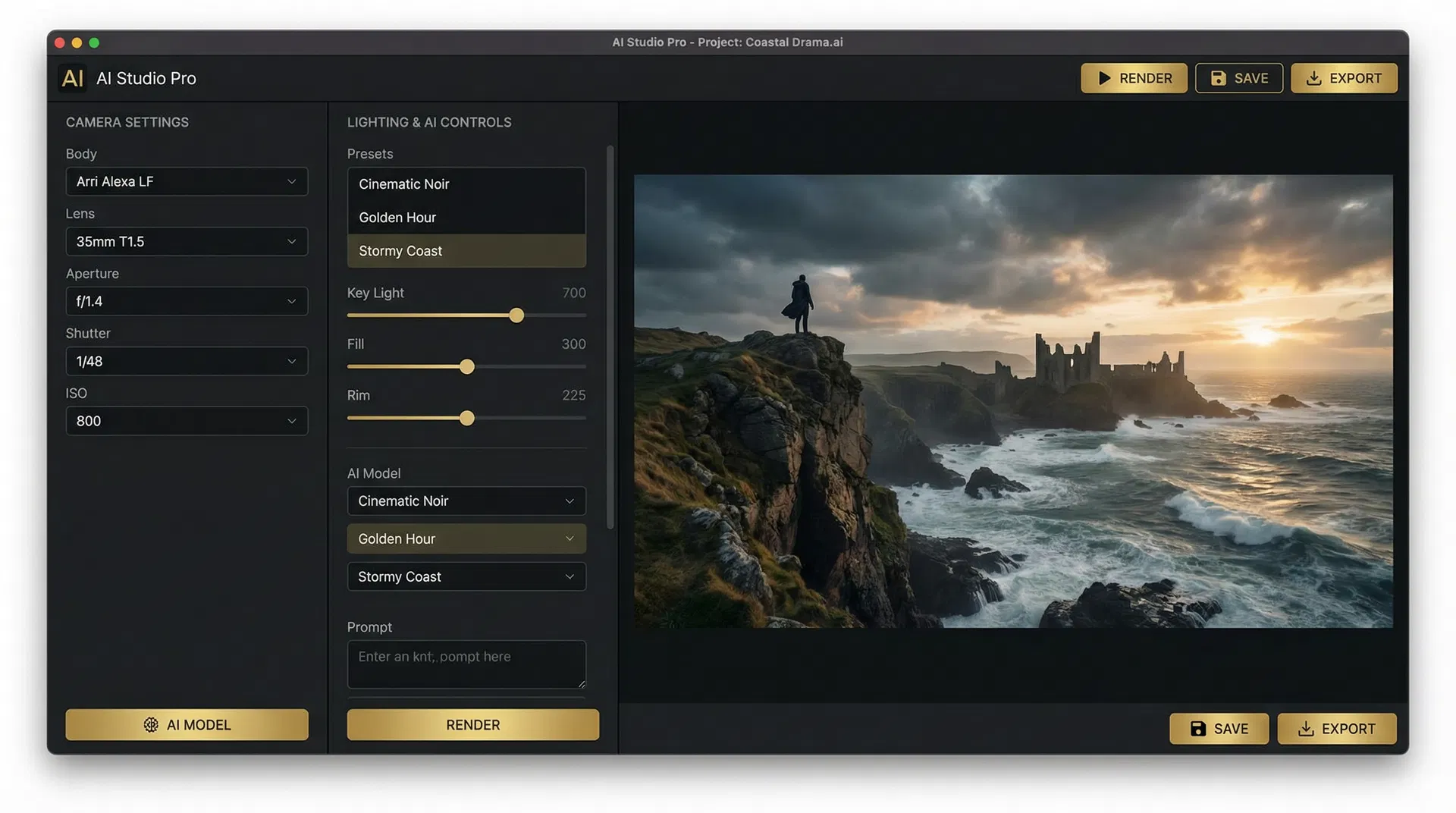 RenderZero Studio interface showing camera controls and AI-generated cinematic output