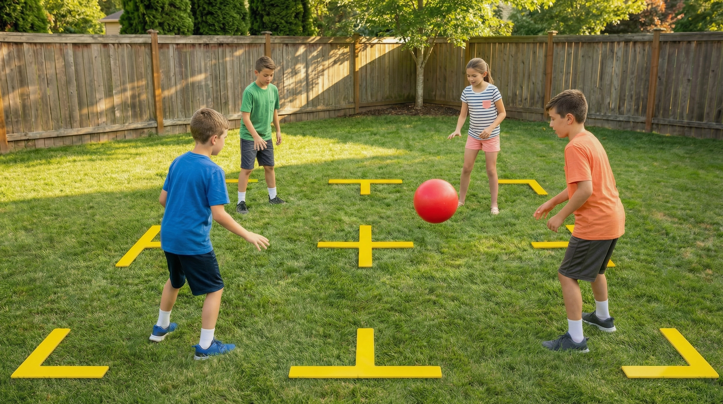 Kids playing 4SQR Anywhere in the backyard