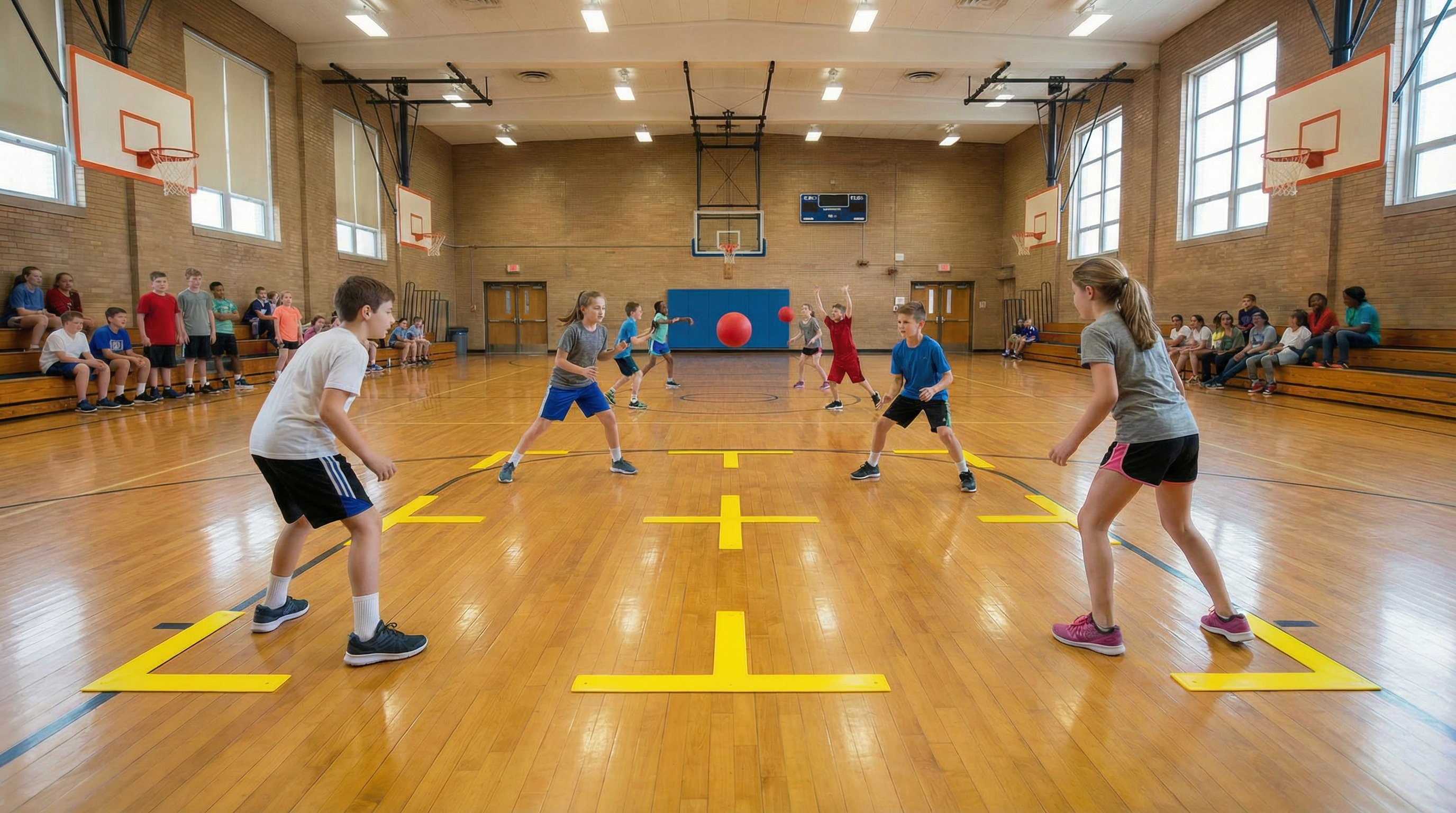 PE class playing 4SQR Anywhere in school gymnasium