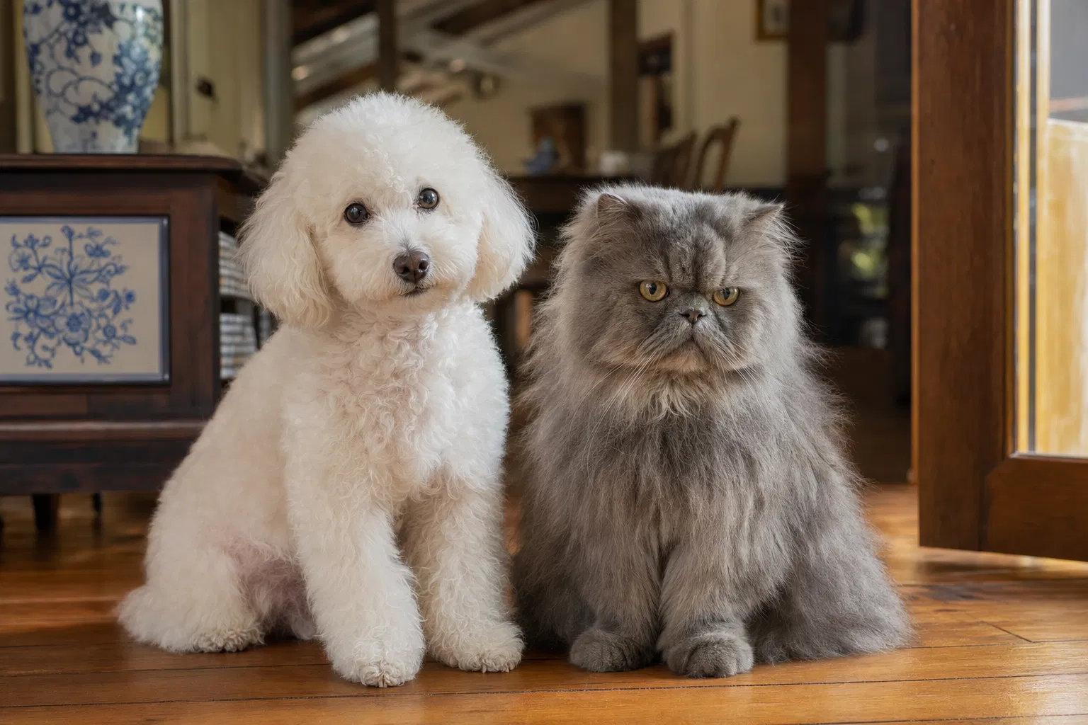Júnior e Luna — o caniche toy branco e a gata persa cinzenta do Patas à Mesa