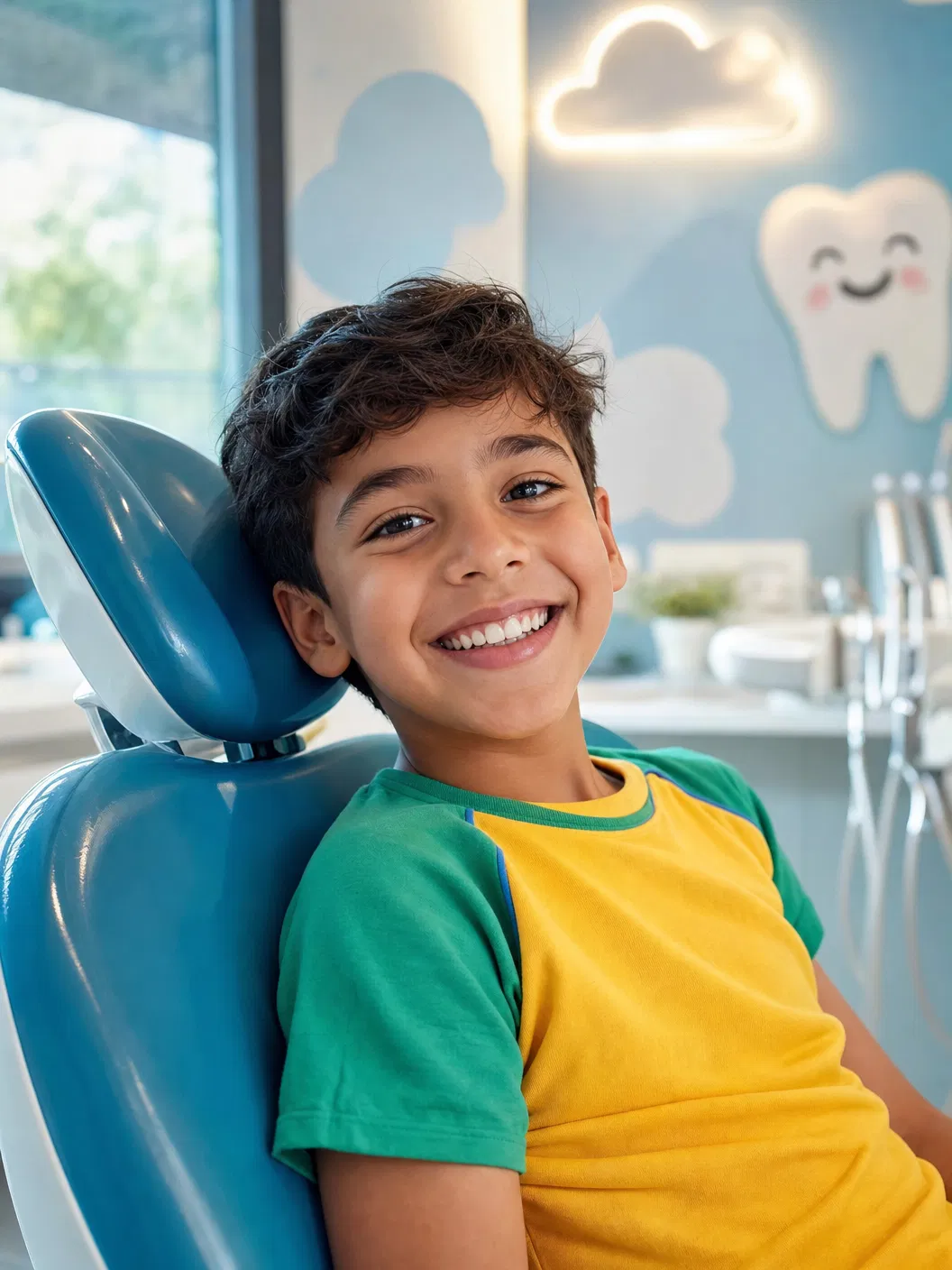 Criança sorrindo no consultório odontopediátrico Salus Kids